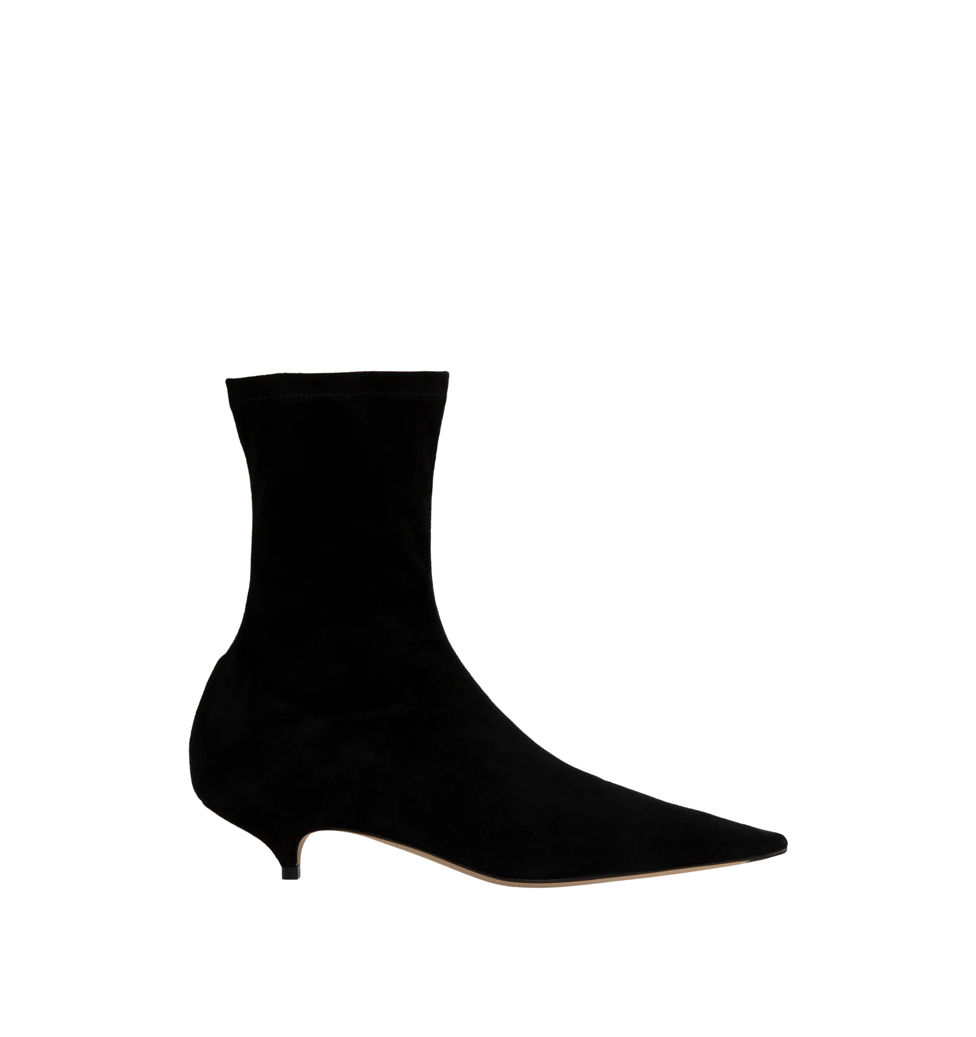 Image 1 of 4 - BLACK - The Row Women's Liisa Kitten Booties are crafted from soft lambskin suede and feature a pointed toe, side zip closure, and a refined kitten heel for an elegant, minimalist silhouette. These designer suede ankle boots combine exceptional Italian craftsmanship with timeless sophistication, making them a versatile choice for effortless day-to-evening styling. Main Material: 100% Lambskin Suede. Sole: Leather. Heel Height: 1.38 in. Made in Italy.