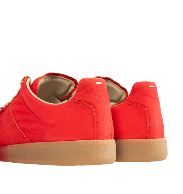 Image 3 of 5 - RED - MAISON MARGIELA High Quality Luxury Sneakers featuring classic low-top silhouette, contrast of matte leather and a patent sprayed finish, streamlined sole, traditional lace-up construction and signature single white stitch. 100% calf leather. Made in Italy.