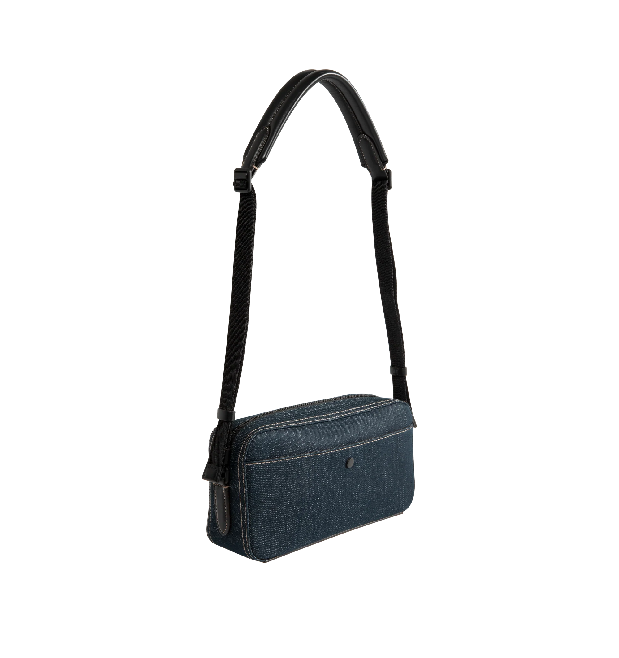 Image 2 of 3 - BLUE - Moncler Men's Carlo Denim Crossbody Bag is crafted from cotton-blend denim and features a spacious silhouette with an interior leather pocket for everyday organization. Designed with an adjustable shoulder strap, this designer crossbody bag is finished with leather trim, a micro-suede lining, an exterior snap-button pocket, an embossed logo base, and metal Moncler logo detailing. Exterior: 75% Cotton, 24% Polyester, 1% Elastane/Spandex. Lining: 100% Polyamide/Nylon. Leather Inserts: Co