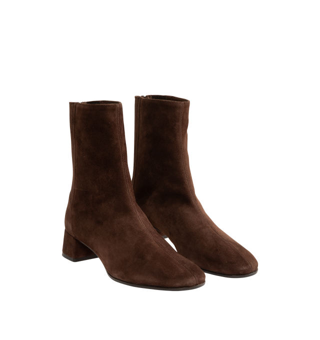Image 2 of 4 - BROWN - Aquazzura Saint Honore Booties are expertly made in Italy from rich suede featuring softly pointed toes, easy back zip closure, and 35 mm block heels that give them a subtle retro feel. 