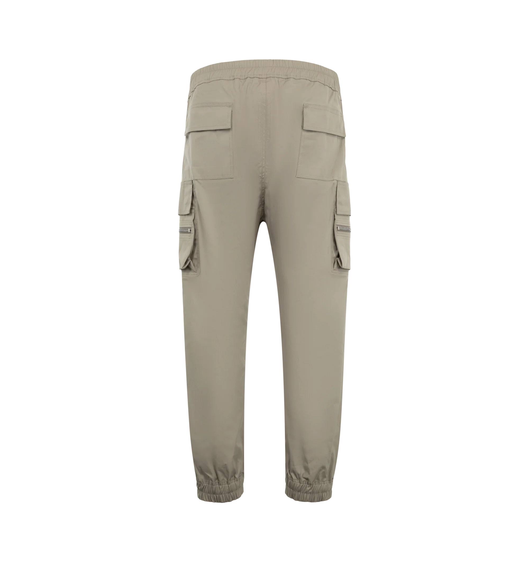 Image 2 of 3 - GREY - Rick Owens Men's Mastodon Cargo Pants are crafted from lightweight feather material and feature a slim-fit, full-length silhouette with an elasticized drawstring waistband. Designed with side pockets, zippered cargo pockets at the thighs, back flap pockets, and elasticized ankles, the style combines utilitarian detailing with a streamlined profile.  