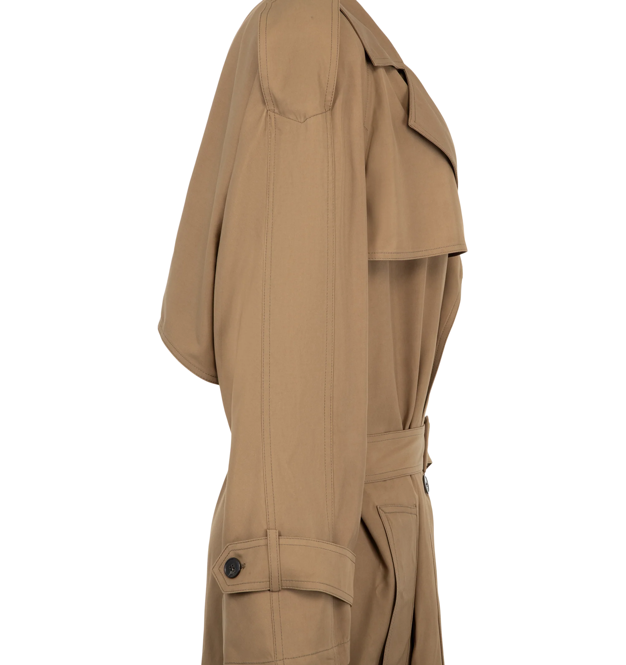 Image 3 of 3 - BROWN - Saint Laurent Womens Large Belted Trench Coat is crafted from certified cotton and features an ulster collar, raglan sleeves, and front and back storm flaps. Designed with a double-breasted four-button closure, padded shoulders, buttoned epaulets, two-button tab cuffs, two front welt pockets, an adjustable and detachable belt, and a single back vent. Main Material: Certified Cotton. Made in Italy.