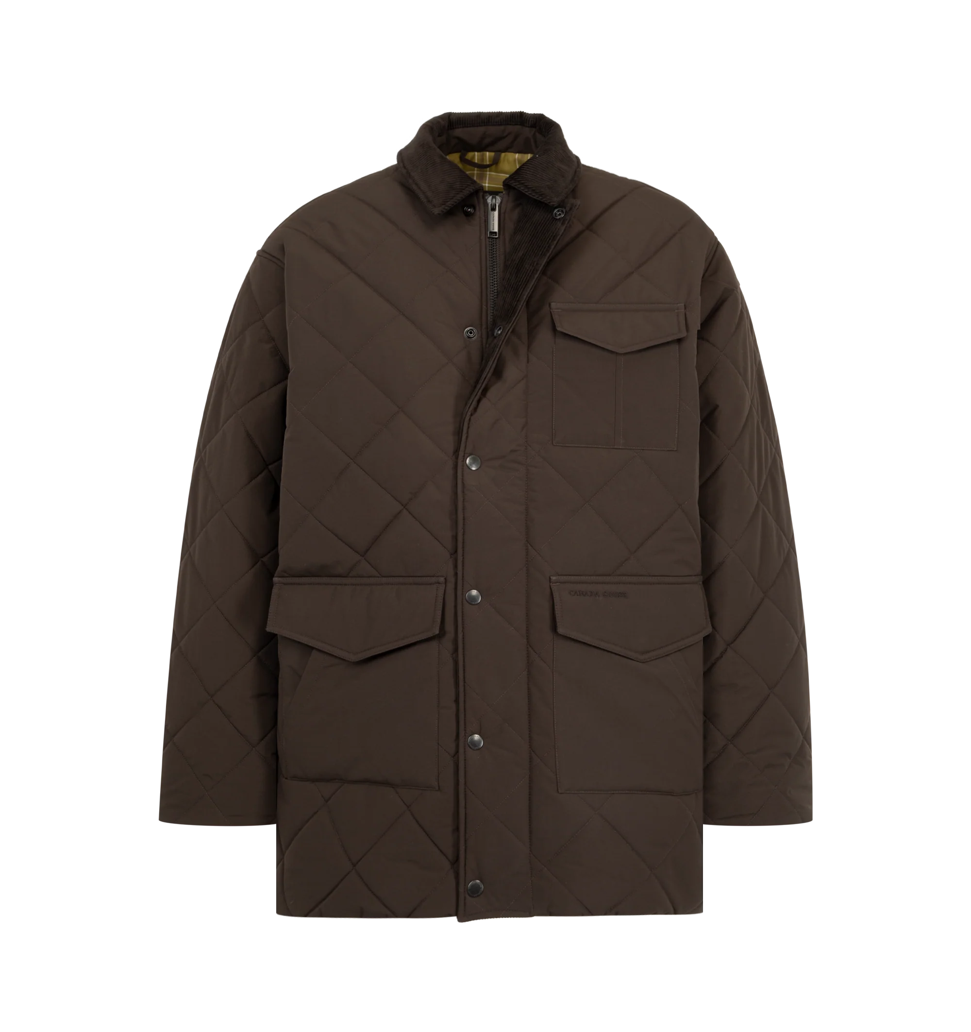 Image 3 of 3 - BROWN - Canada Goose Terra Coat is crafted from durable two-layer woven nylon with windproof and water-repellent properties for protection in cold, changing conditions. Designed with an intentionally oversized fit and mid-thigh length for easy layering and added coverage, this designer coat features contrasting corduroy at the collar and cuffs, a zip-front closure concealed by a snap-button placket, and multiple functional pockets throughout. Main Material: 100% Recycled Polyamide. Fill: 100%