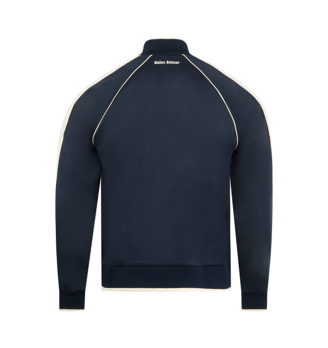 Image 2 of 3 - NAVY - WALES BONNER Motion Track Top featuring funnel collar, front zip closure, front pockets, embroidered WB at chest and contrast piping. 55% polyester, 45% cotton. Made in Portugal. 