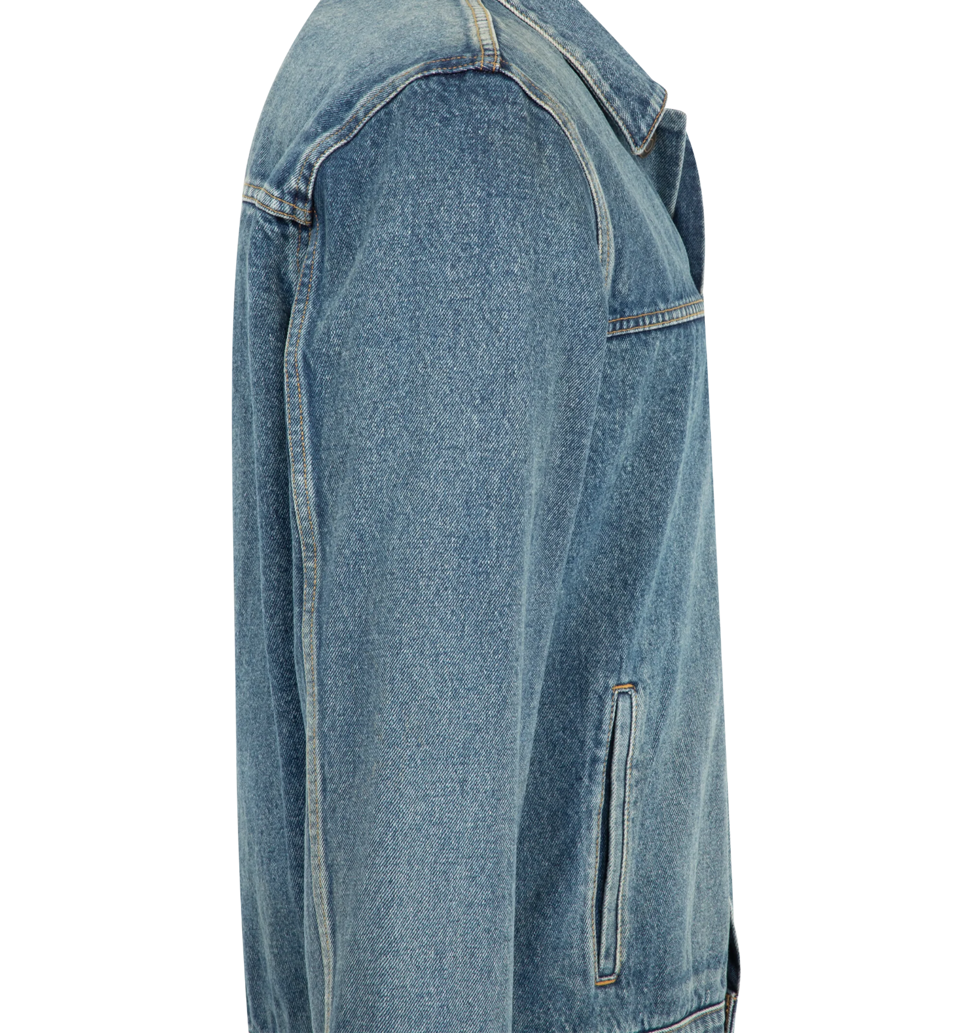 Image 3 of 3 - BLUE - The Row Men's Mendo Jacket is crafted from structured cotton denim with a soft hand and faded, worn-in appearance. Designed with a classic collar, paneled yoke construction, vertical welt pockets, and a front placket with shank button closure, this designer denim jacket is fully lined in brushed cotton flannel for added comfort and warmth. Main Material: 100% Cotton Denim. Lining: 100% Brushed Cotton Flannel. Closure: Shank Buttons. Pockets: Vertical Welt Pockets. Made in Japan. 