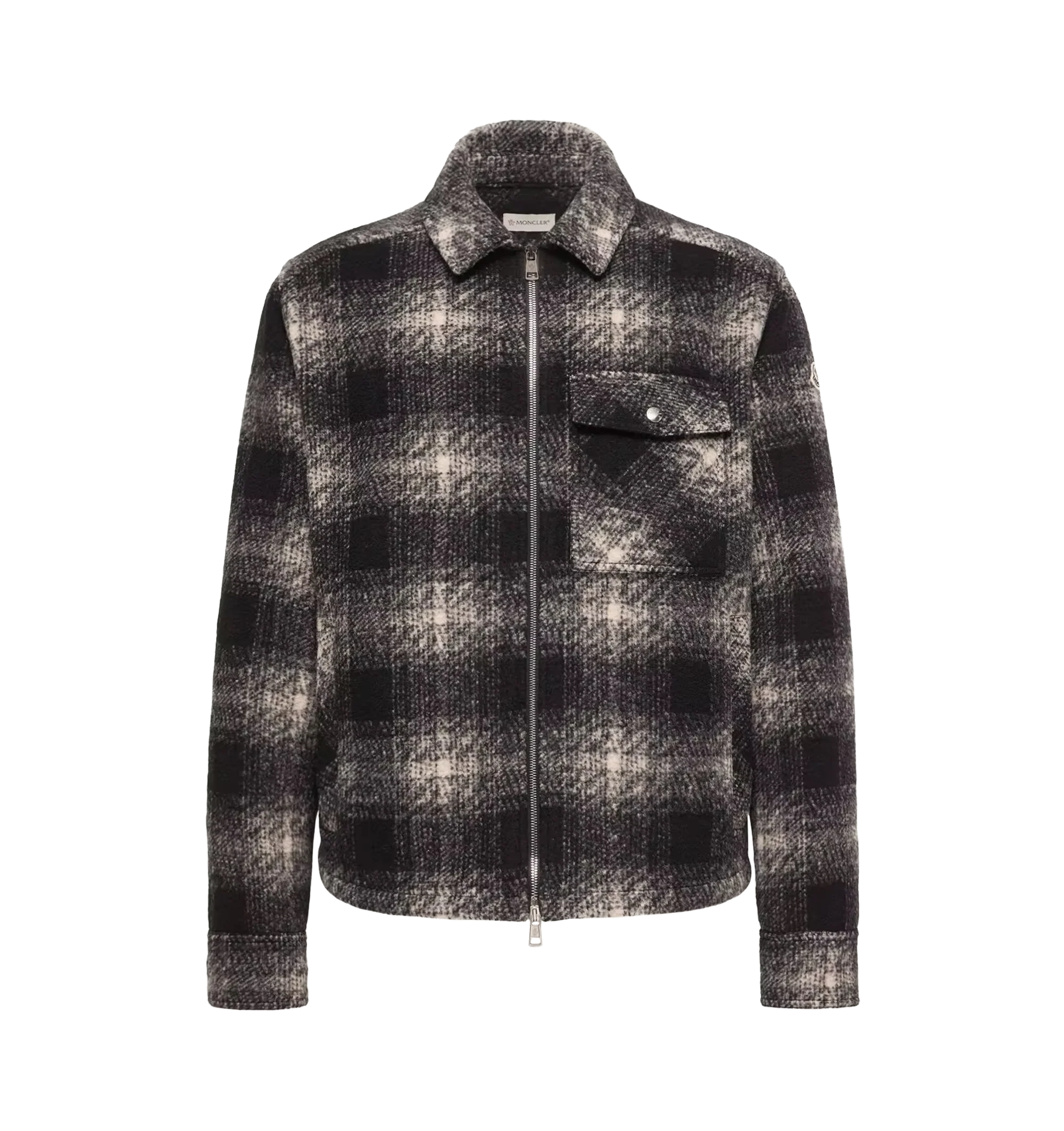 Image 1 of 1 - BLACK - Moncler Men's Plaid Jersey Zip-Up Shirt is crafted from a polyester, wool, and acrylic blend jersey with a check-knit pattern that echoes the structured look and feel of traditional felt. Designed as a versatile layering piece, this designer shirt features a classic collar, zip-front closure, snap-button side pockets, a snap-button chest pocket, adjustable cuffs, and a signature Moncler logo patch. Exterior: 82% Polyester, 13% Wool, 5% Acrylic. Closure: Zipper. Pockets: Snap-Button Si