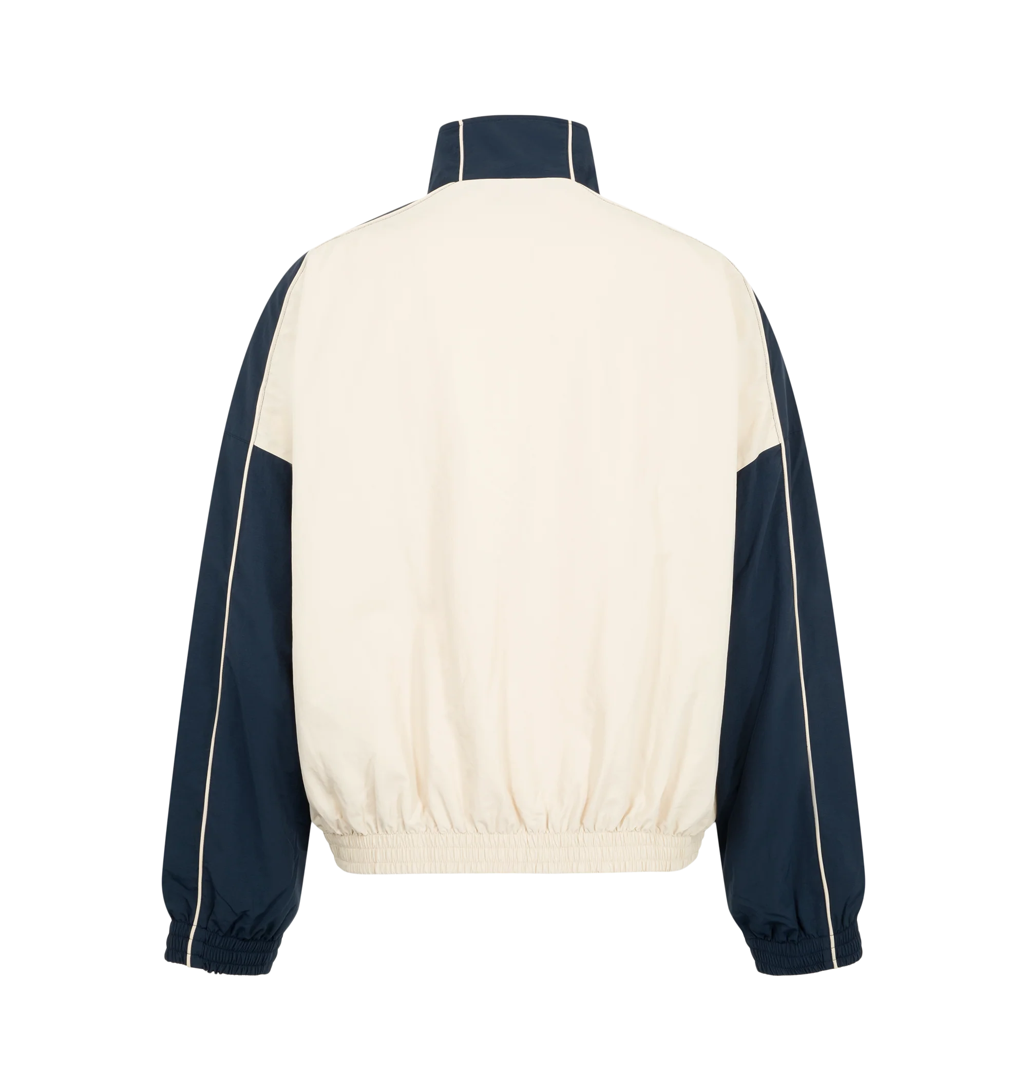 Image 2 of 3 - MULTI - Willy Chavarria Bad Boy Track Jacket is crafted from nylon and features a sleek, true-to-size silhouette defined by bold chevron paneling and contrast piping. Designed with a stand collar, front zip closure, two zippered pockets, stacked script logo detailing, and elasticized cuffs and hem. Main Material: 100% Nylon. Lining: Polyester. 