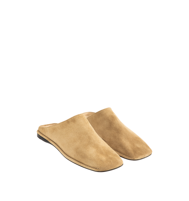 Image 2 of 4 - BROWN - THE ROW Piper Slide featuring Artisanally-crafted slip-on shoe in soft calfskin suede with square toe, outer stitch detailing, soft nappa leather lining, and leather sole. 100% calfskin suede. Made in Italy. 
