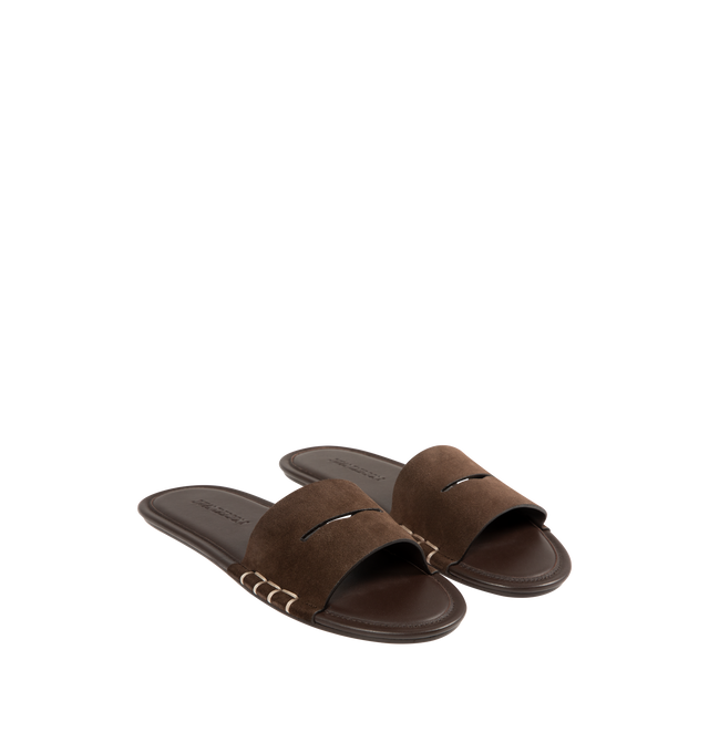 Image 2 of 4 - BROWN - JW ANDERSON Loafer Slide Sandal featuring a whipstitched keeper strap, Italian-crafted suede slide sandal, leather upper, lining and sole. Made in Italy.