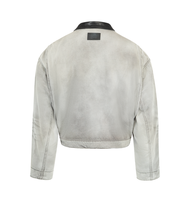 Image 2 of 3 - GREY - ACNE STUDIOS Faded Denim Bomber Jacket featuring leather collar, crafted from organic cotton denim with whisker details, kangaroo pockets, a two-way zip closure, snap button cuffs, a leather logo patch on the back neckline, regular fit and below-waist length. 100% cotton. Filling: 100% polyester.