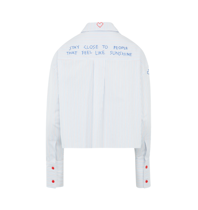 Image 2 of 3 - BLUE - MIRA MIKATI Deep Cuff Stripe Shirt With Embroidery featuring slightly oversized fit, dropped shoulder, tab detailing to the sides, a blue and red pinstripe cotton poplin design and messages of positivity like To the moon and back embroidered on the front and back. 100% cotton. 