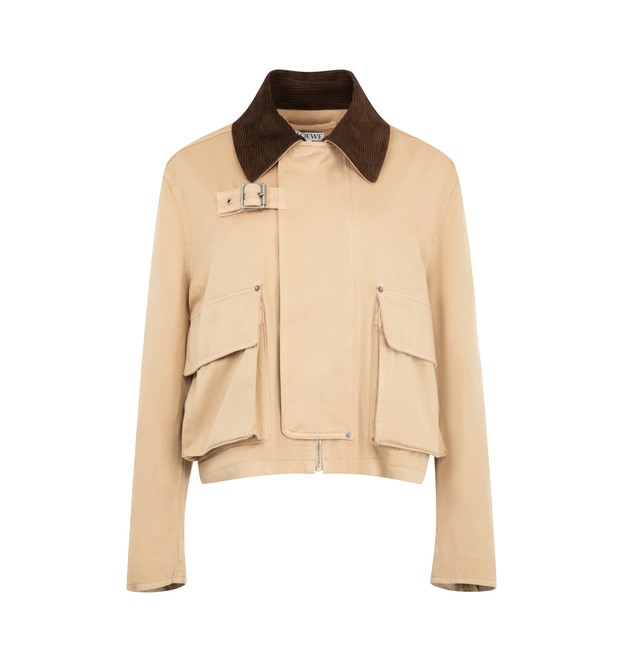 Image 1 of 4 - NEUTRAL - Loewe Womens Parka Jacket is crafted from cotton. Features a slightly cropped silhouette, corduroy collar, chest belt detail, concealed front closure, and cotton lining with leather trim. Main Material: 100% Cotton; Trim: 100% Leather; Lining: 100% Cotton. Made in Italy.