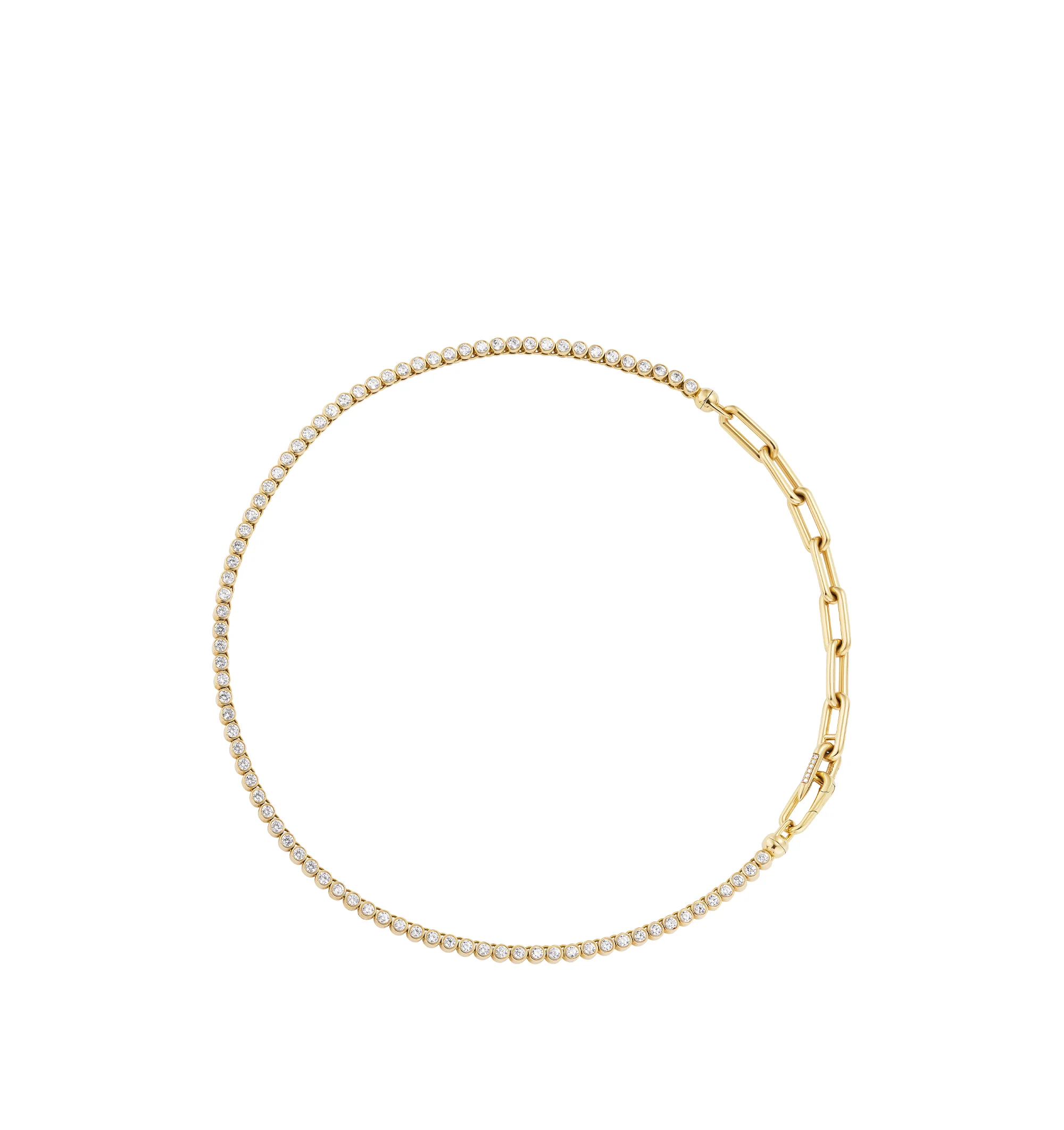 Image 1 of 4 - GOLD - Uniform Object Solid 14" 18K gold bezel set brilliant tennis necklace + 4" of heavy metal chain extender. Comes with a removable spring clasp + signature diamond encrusted spur. Crafted from 37G of 18K solid yellow gold with 8.7 TCW of 3MM round diamonds. Handmade in New York City. Cheap Luxury Handbag Shop offers a range of pieces from this collection in-store. For personal consultation and detailed information about jewelry, please contact our dedicated stylist team at personalshopping@hirshle