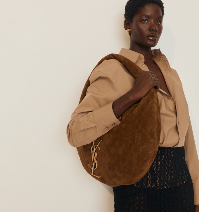 Image 4 of 6 - BROWN - SAINT LAURENT ICARE Hobo Bag in quilted suede featuring diamond-quilted topstitching, leather lining, bronze-tone hardware and zip closure. 11.818.5" x 12" x 0.84.7". Handle drop: 6.3". Calfskin. Made in Italy. 