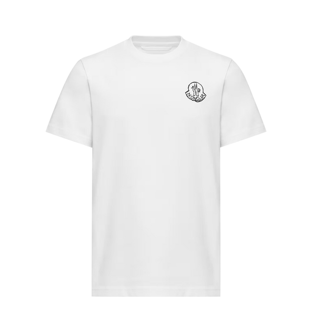 Image 1 of 1 - WHITE - Moncler Mens Cotton Logo Patch T-Shirt is crafted from cotton jersey. Features a regular fit, crew neck, short sleeves, and embroidered logo patch. Base Fabric: 100% Cotton; Collar Rib: 100% Cotton. Made in Turkey.
