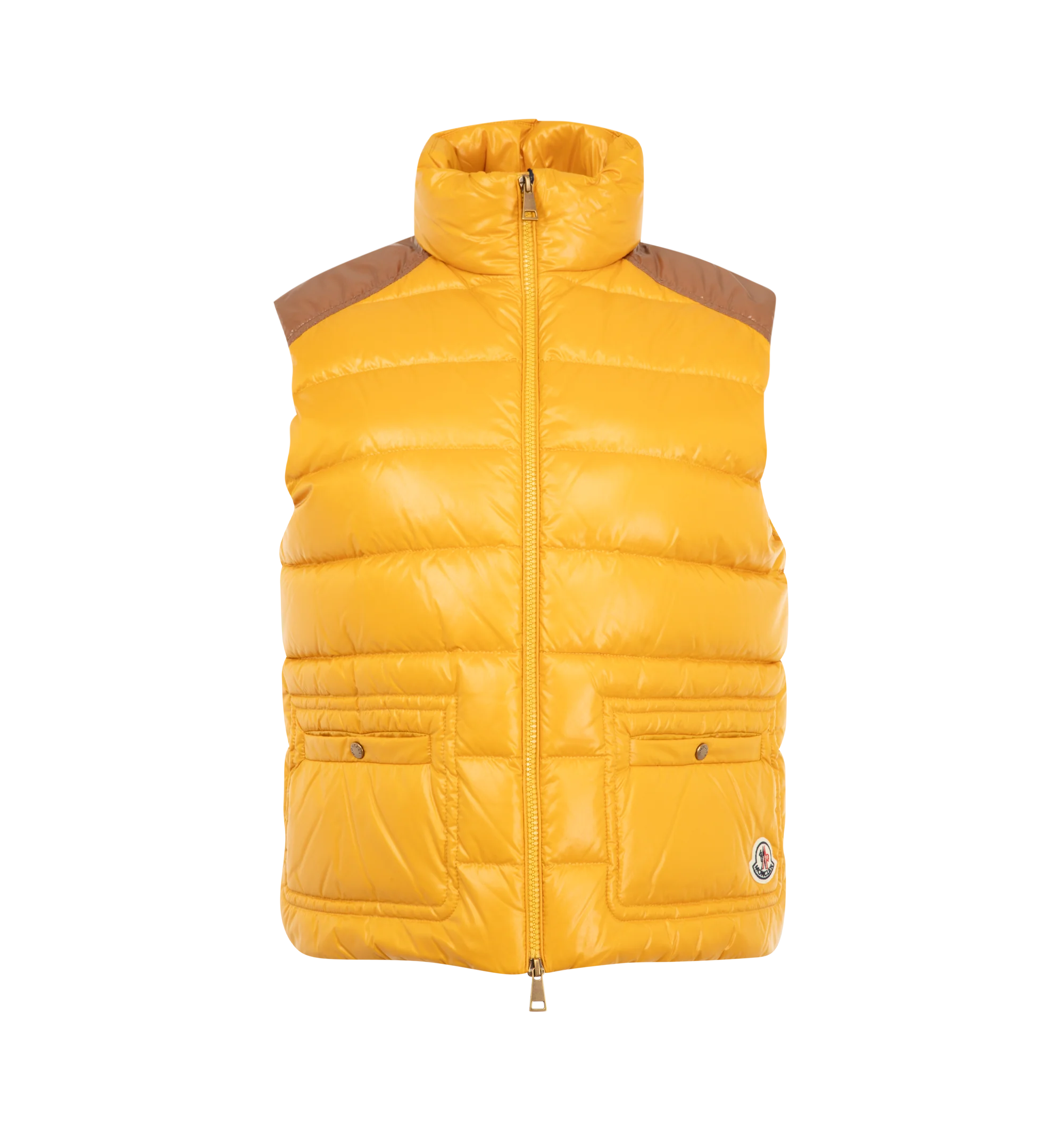 Image 1 of 1 - YELLOW - Moncler Women's Frelon Down Vest is crafted from glossy nylon laqu and features a down-filled construction, a front zip closure, snap-button patch pockets, and the signature logo patch. This designer down vest combines lightweight warmth with a sleek, feminine silhouette for elevated everyday layering. Main Material: 100% Polyamide (Nylon). Lining: 100% Polyamide (Nylon). Padding: 90% Down, 10% Feather. Made in Moldova.