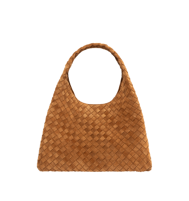 Image 1 of 4 - BROWN - BOTTEGA VENETA Large Campana Bag featuring shoulder bag with archival silhouette in soft Intrecciato suede, internal zipped pocket and leather tie closure with hidden magnet. 9.4" x 15.4" x 7.3". Calfskin. Made in Italy. This item may be restricted for online purchase to international clients. For assistance purchasing this item please contact our dedicated stylist team at personalshopping@hirshleifers.com.