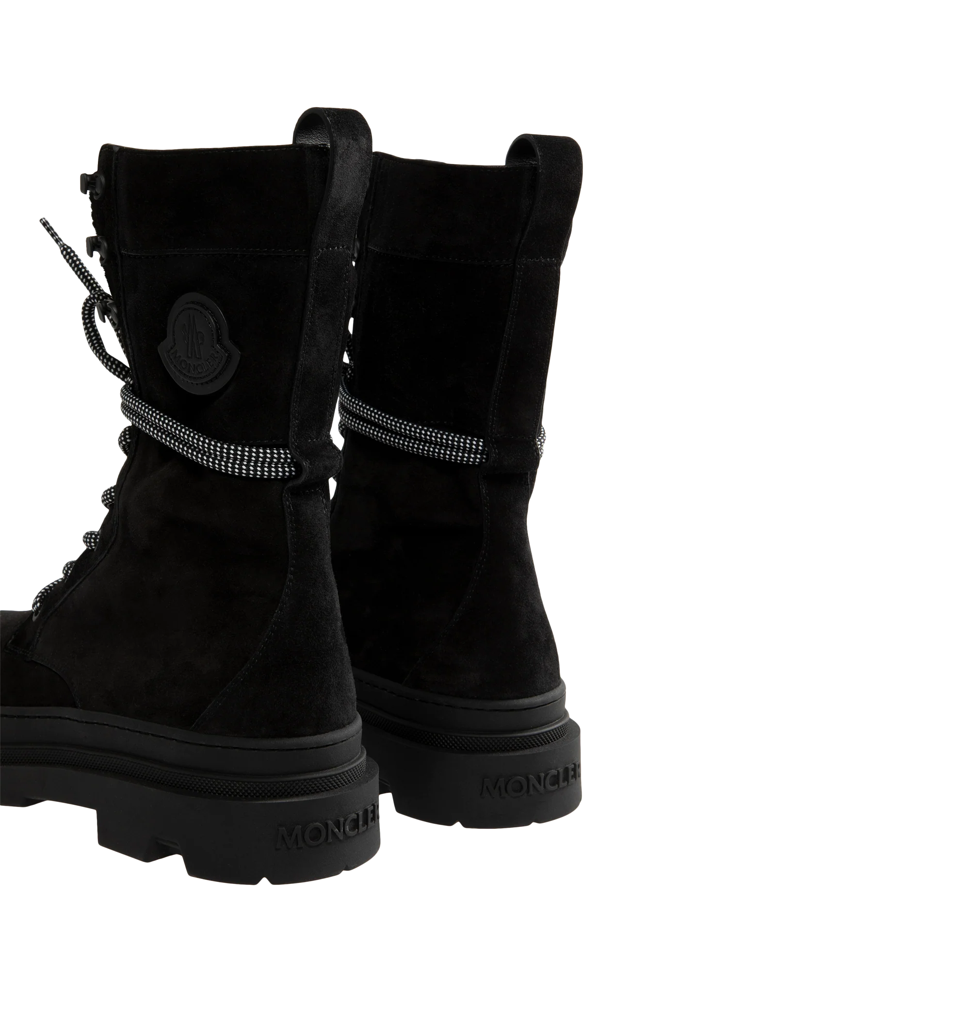 Image 3 of 4 - BLACK - Moncler Women's Vera High Suede Shearling Lace-Up Boots are crafted from supple suede and long-haired lambskin, combining rugged cold-weather styling with lightweight comfort. Designed with a lace-up closure and a functional back loop that secures the laces while allowing the shaft to be styled structured or slouchy, these calf-height designer boots are finished with a comfortable leather insole and a rubberized TPU sole with micro-foam filler. Upper: Cow Suede and Long-Haired Lambs