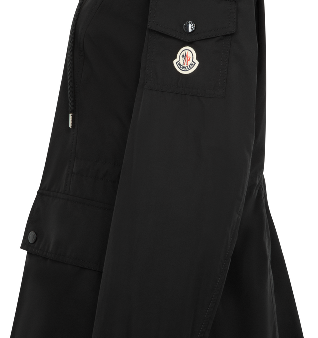 Image 3 of 3 - BLACK - MONCLER Leandro Hooded Parka featuring poplin technique, adjustable hood, zipper closure, patch pockets with snap button closure, sleeve pocket and waistband with drawstring fastening. 60% polyester, 40% cotton. Made in Italy.