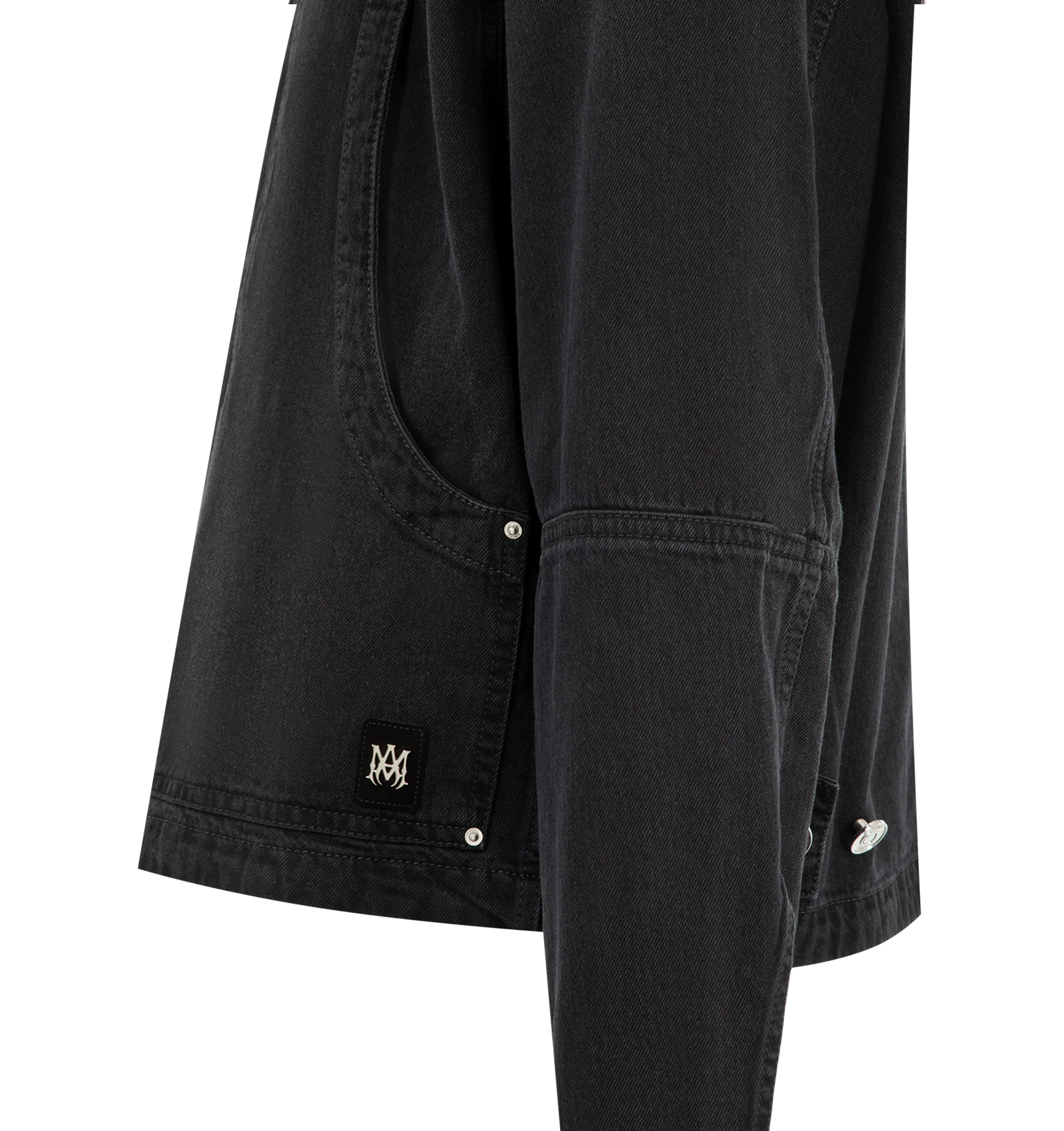 Image 3 of 3 - BLACK - Amiri Mens Denim Work Jacket is crafted from a durable denim cotton. Features front patch panels, side tabs, button cuffs, double-zip closure, and signature MA Quad logo detail. Material: 100% Cotton. Made in Italy. 