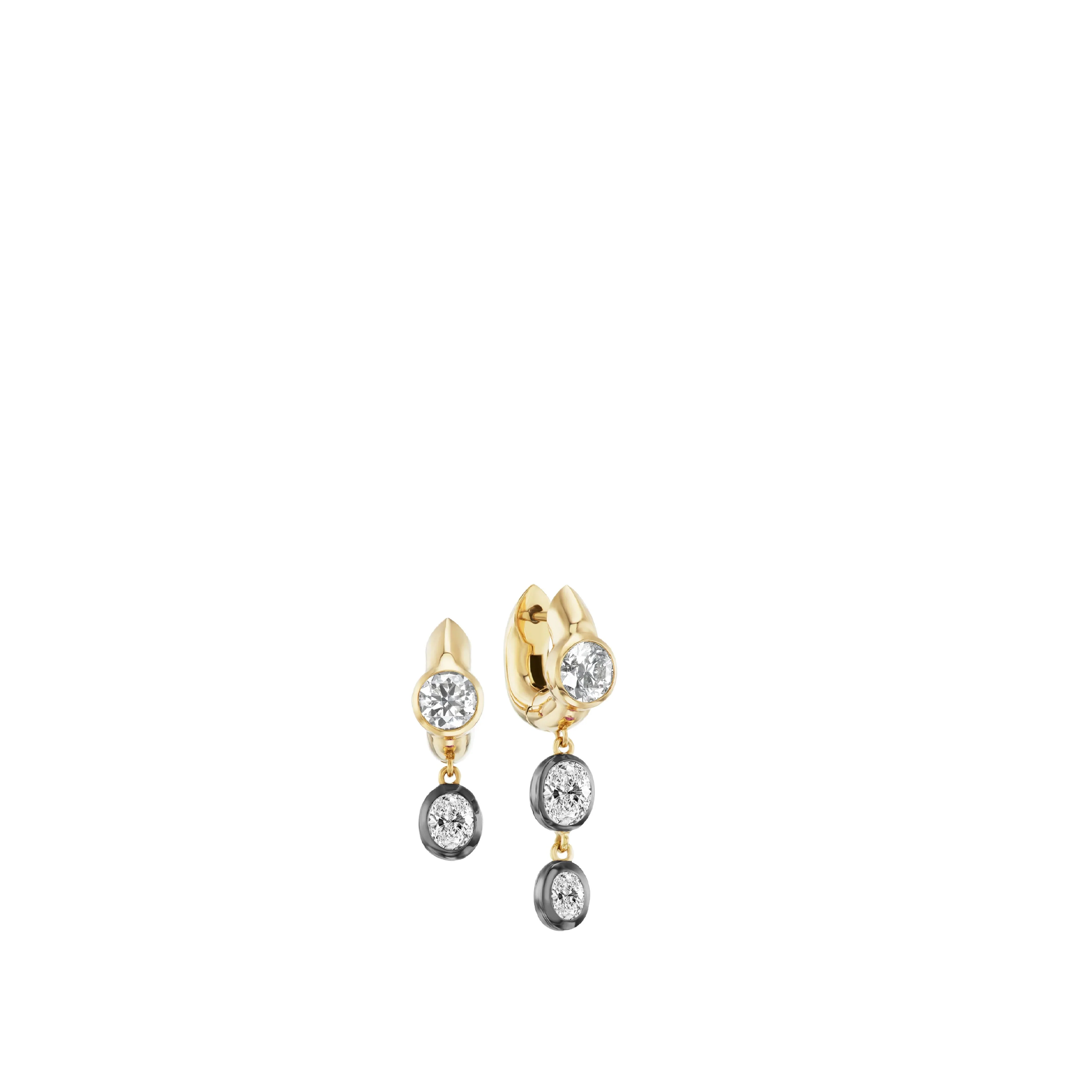 Image 1 of 1 - GOLD - Uniform Object Tusk Drop Earrings featuring 9 g of 18K yellow gold with black rhodium plating, 0.875 TCW round diamonds, and 0.80 TCW oval diamonds (1.68 TCW). Handcrafted in New York City. Cheap Luxury Handbag Shop offers a range of pieces from this collection in-store. For personal consultation and detailed information about jewelry, please contact our dedicated stylist team at personalshopping@hirshleifers.com.