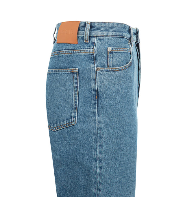 Image 3 of 3 - BLUE - LOEWE Anagram Baggy Jeans in medium-weight washed cotton denim featuring an Anagram embroidery at the knees?, relaxed fit, regular length, mid waist, loose leg, concealed button fly, five pocket style? and LOEWE embossed leather patch placed at the back. 100% cotton. Made in Italy.
