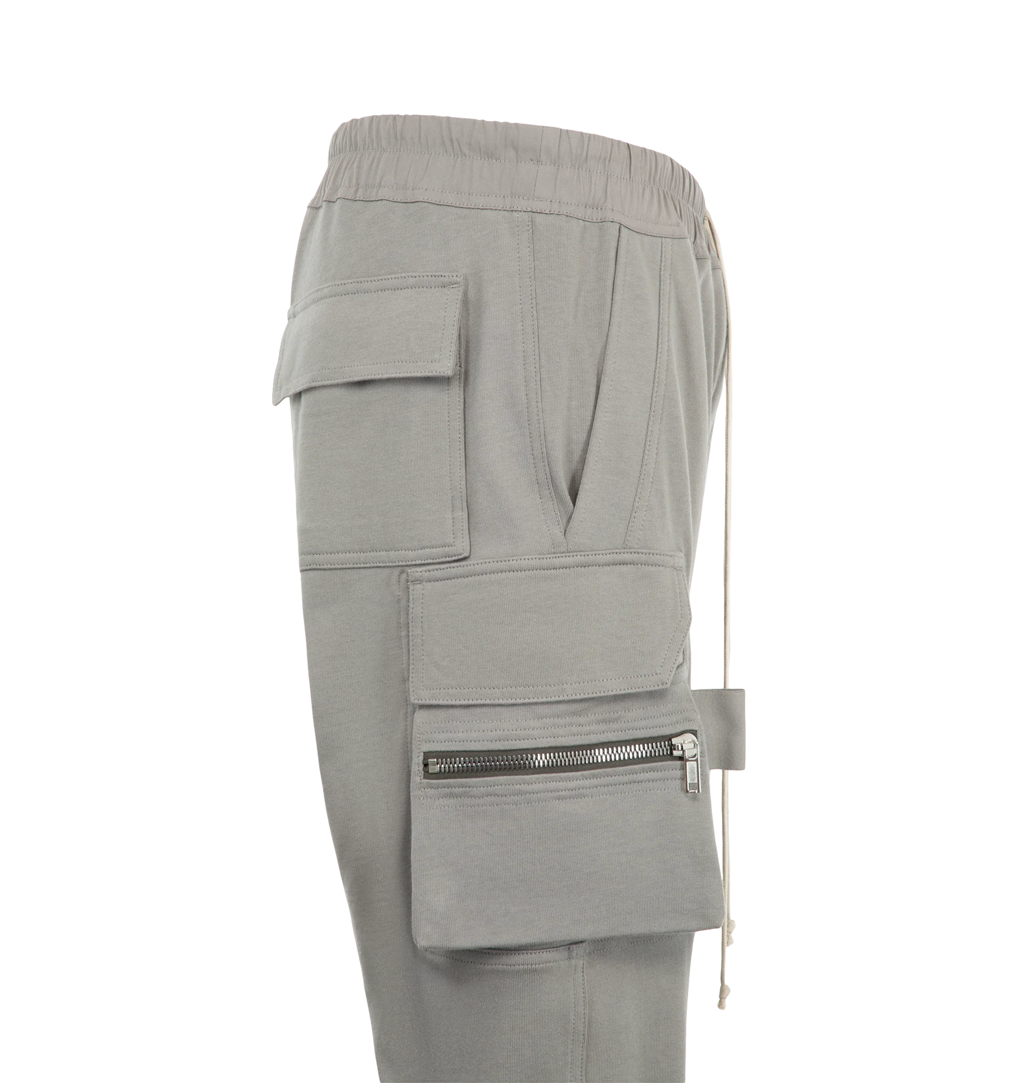 Image 3 of 3 - GREY - Rick Owens Mens Mastodon Cargo Pants are crafted from cotton poplin. Feature a slim fit, elasticized waistband with drawstring, side pockets, zip cargo pannier pockets with flaps and tabs, back flap pockets, and elasticized ankles. Main Material: 97% Cotton, 3% Elastane. Made in Italy. 