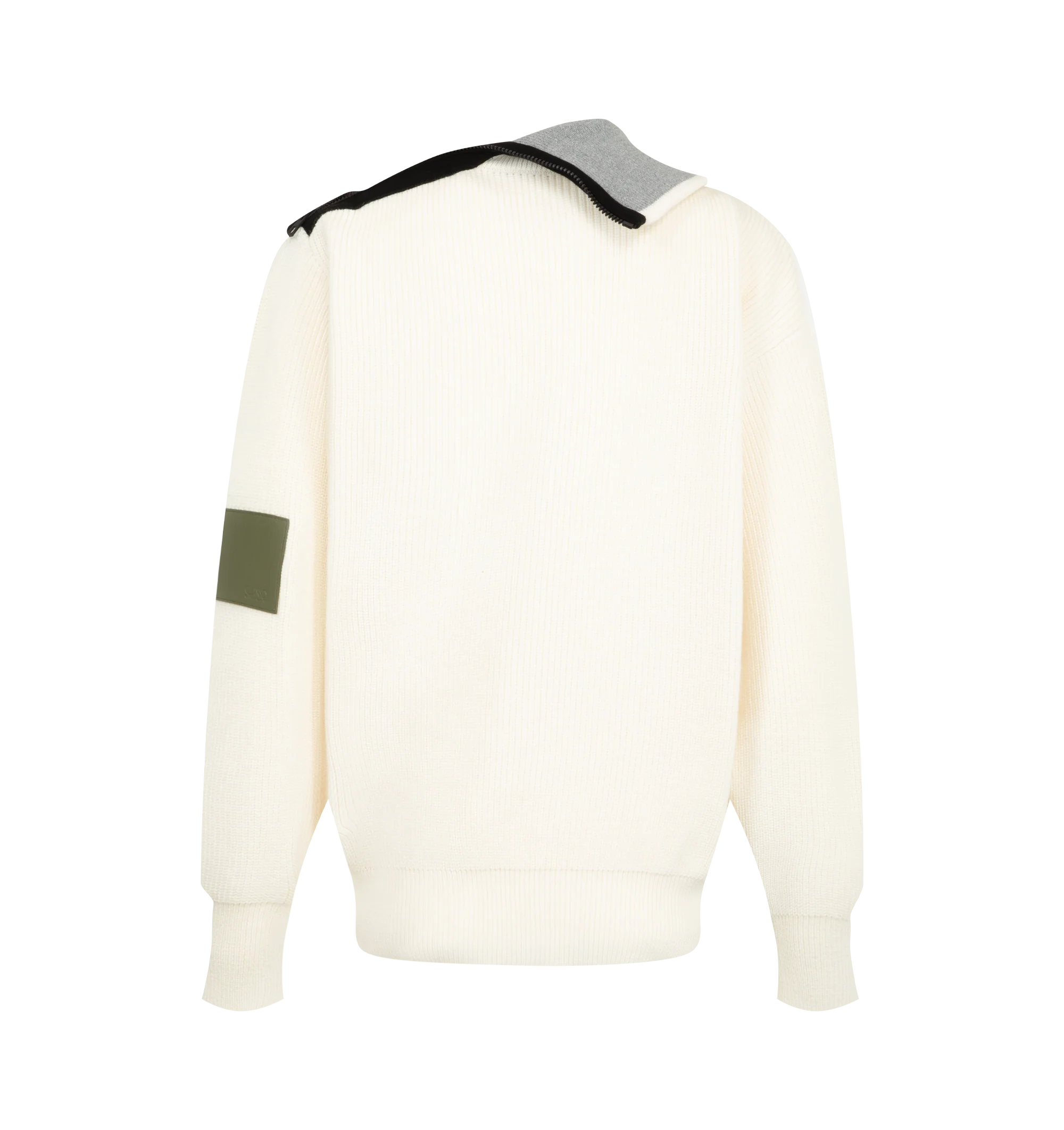 Image 2 of 3 - WHITE - Loewe Women's Sweater is crafted from medium-weight wool and features a relaxed-fit silhouette with a regular length. Designed with an asymmetric zip-up collar featuring a contrast reverse and a Double L embossed leather patch on the left sleeve. Main Material: 100% Wool. Made in Italy.