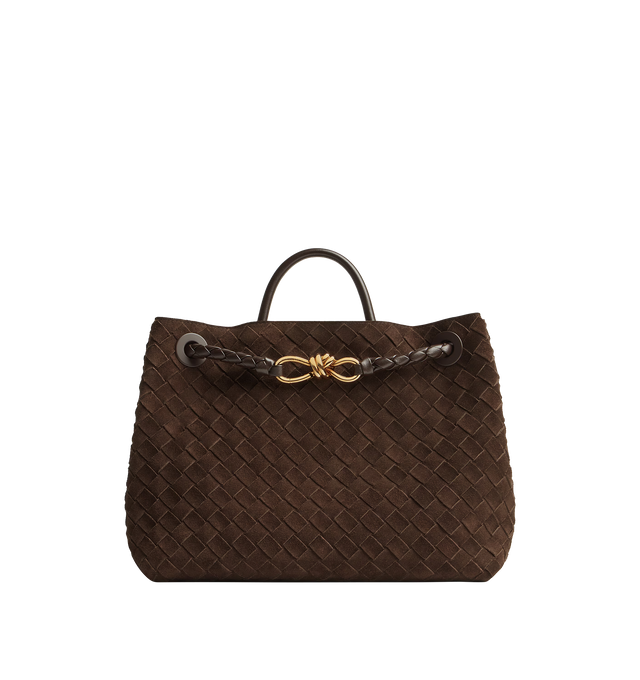 Image 1 of 4 - BROWN - BOTTEGA VENETA Medium Andiamo Bag featuring top handle bag in supple Intrecciato leather with signature knot detail and sliding cross-body strap, compartmented interior with one zippered pocket, two open pockets and magnetic closure. Lining: Lambskin bonded Intrecciato. Made in Italy.