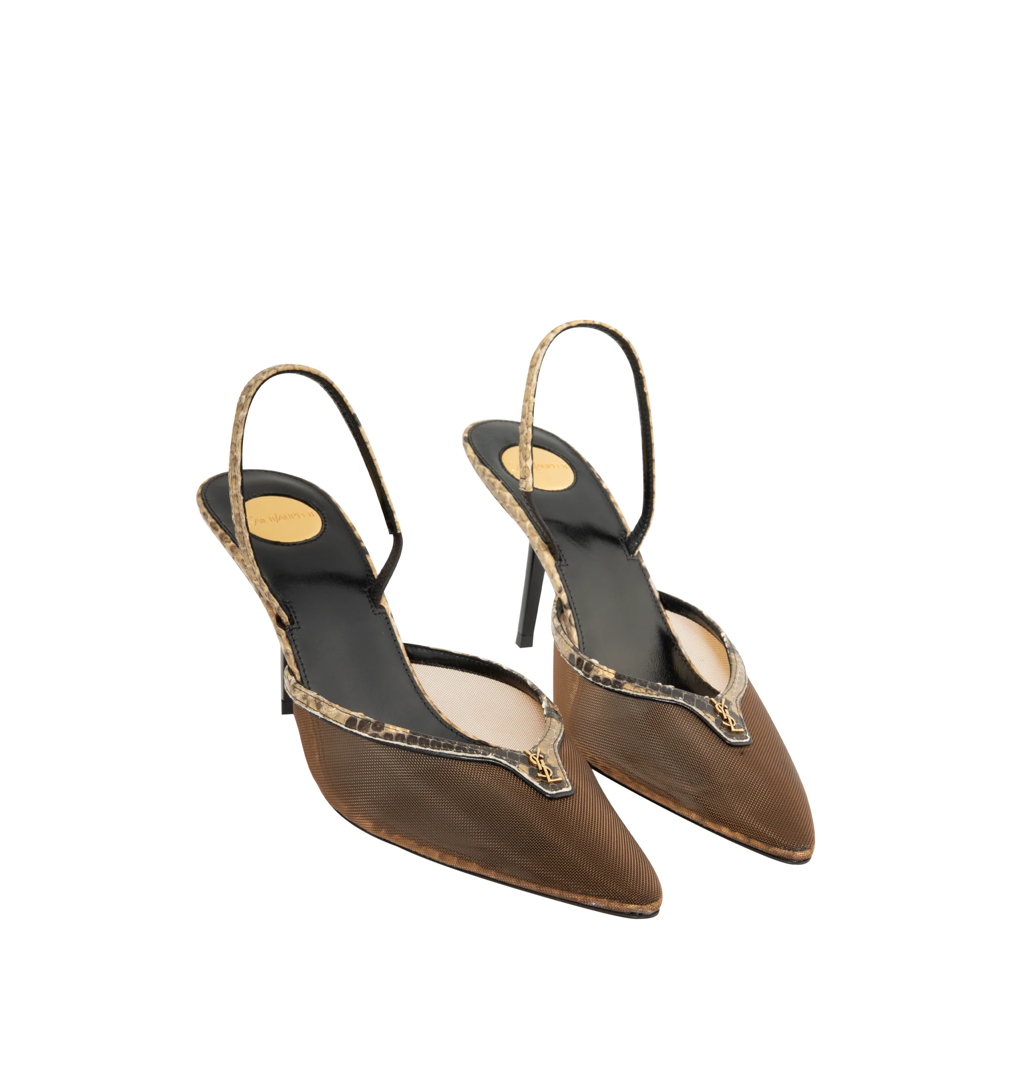 Image 2 of 4 - BROWN - Saint Laurent Women's Slingback Pumps are crafted from semi-sheer mesh with python trim and feature a pointed-toe silhouette accented by the iconic Cassandre hardware. Designed with an elasticized slingback strap, low stiletto heel, leather sole, and a Saint Laurent-engraved metal plaque on the insole for an elegant and refined finish. Main Material: 70% Polyamide, 30% Python. Lining: Calf Leather. Sole: Calf Leather. Heel Height: 7.5 cm / 75mm . Made in Italy.