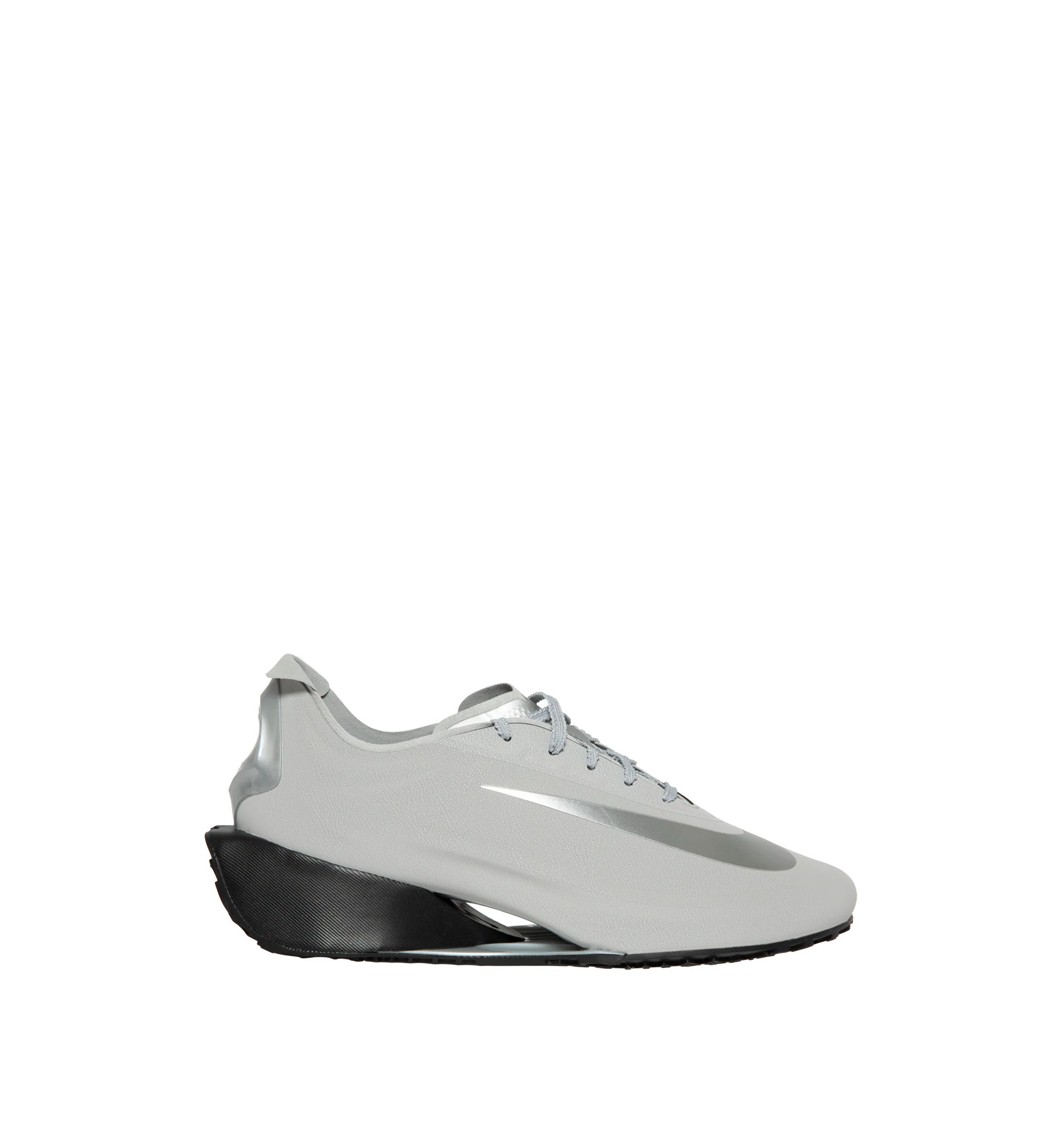 Image 1 of 5 - SILVER - Nike First Sight Noir Sneakers feature smooth textile uppers with tonal rubber overlays and a sculpted wedge sole for a futuristic take on retro running style. These lifestyle sneakers combine lightweight comfort with modern design, finished with chrome-effect detailing at the heel for a bold statement. Main Material: Textile and Synthetic. Sole: Rubber.