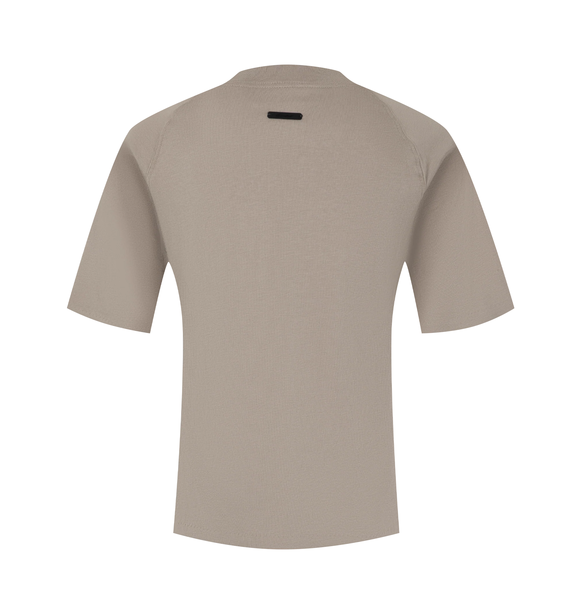 Image 2 of 2 - NEUTRAL - Fear of God Essentials Womens Shrunken Baseball Tee is crafted from lightweight tri-blend jersey. Features a slim cropped fit, rib-knit crew neckline, raglan short sleeves, and signature Essentials label at the back collar. Main Material: 53% Cotton, 40% Polyester, 7% Rayon. 