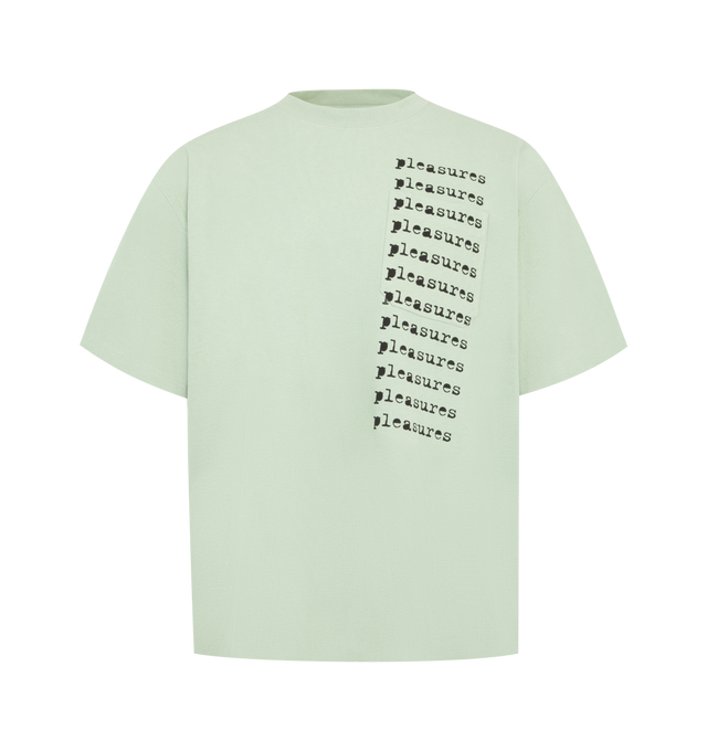 Image 1 of 2 - GREEN - Pleasures Mens Relaxed Heavyweight Pocket T-Shirt is crafted from heavyweight cotton jersey. Features a relaxed fit, crew neck, chest pocket with printed logo, and short sleeves. Main Material: 100% Cotton. Made in China.