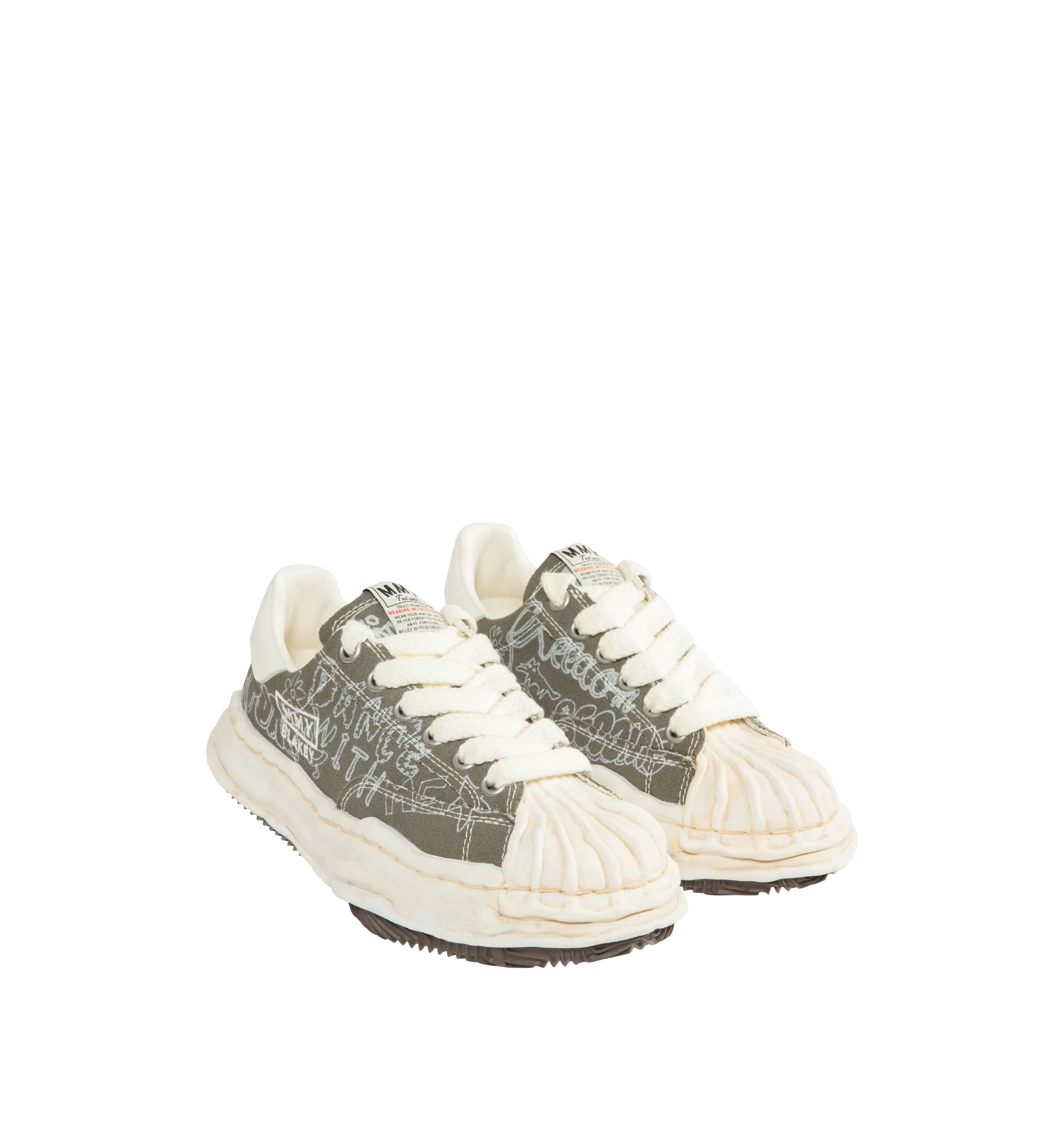 Image 2 of 5 - GREEN - Maison Mihara Yasuhiro Men's Blakey Sneakers feature the brand's signature hand-sculpted OG sole, a premium suede upper, and a classic low-top silhouette for a timeless contemporary look. Designed for the Fall/Winter 2026 collection, these designer sneakers combine Maison Mihara Yasuhiro's experimental aesthetic with embroidered "MMY" and model name detailing, while the sculptural sole and intentional vintage-inspired finishing create a distinctive statement silhouette. Main Materia