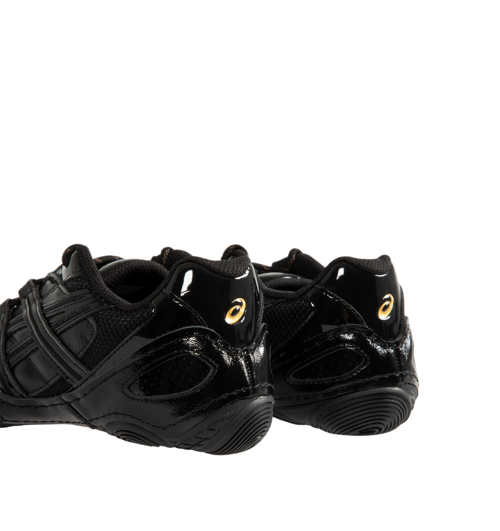 Image 3 of 5 - BLACK - Asics Hypersync Sneakers are inspired by the brand's archived wrestling and track field footwear, combining heritage design with modern comfort. Featuring a breathable air mesh upper with textured patent leather overlays, decorative stitching, and premium gold logo detailing, these designer sneakers deliver a sleek, low-profile silhouette. Finished with an OrthoLite sockliner for enhanced cushioning, a durable AHARPLUS rubber outsole inspired by the SNAPDOWN wrestling shoe, and a no