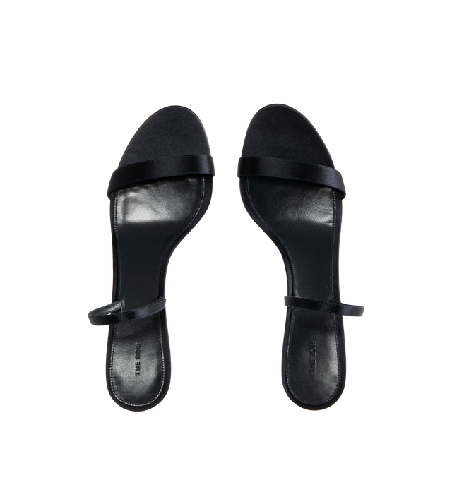 Image 4 of 4 - NAVY - THE ROW Ella Kitten Slingback Heel featuring heeled sandal in satin with almond toe, slim heel and toe straps with concealed elastic band and leather sole. 2 in. heel. 72% viscose, 28% silk. Lined in 100% lambskin leather. Calfskin leather sole. Made in Italy. 