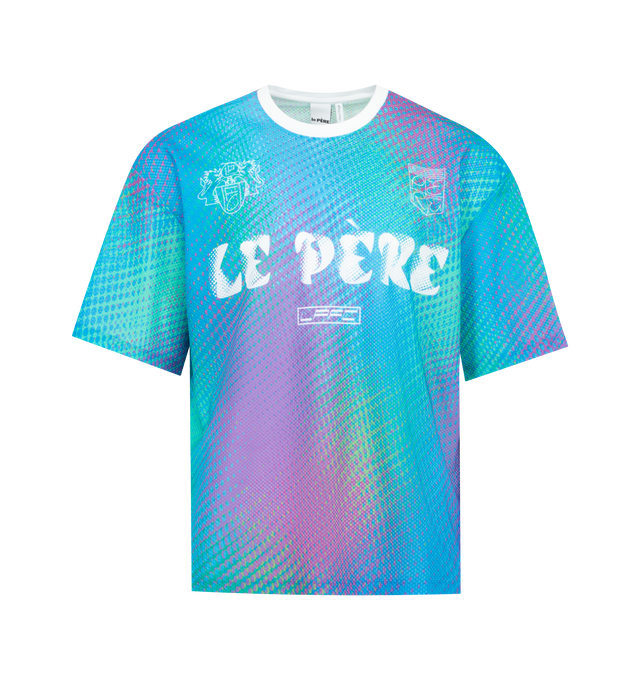 Image 1 of 2 - BLUE - LE PERE Ema Mesh Top featuring boxy soccer jersey made with a premium Italian mesh fabric, slightly digitally distorted pattern in complementary shades, 'le PRE' logo across the chest, short sleeves and crew neck. 77% polyester, 23% elastane.