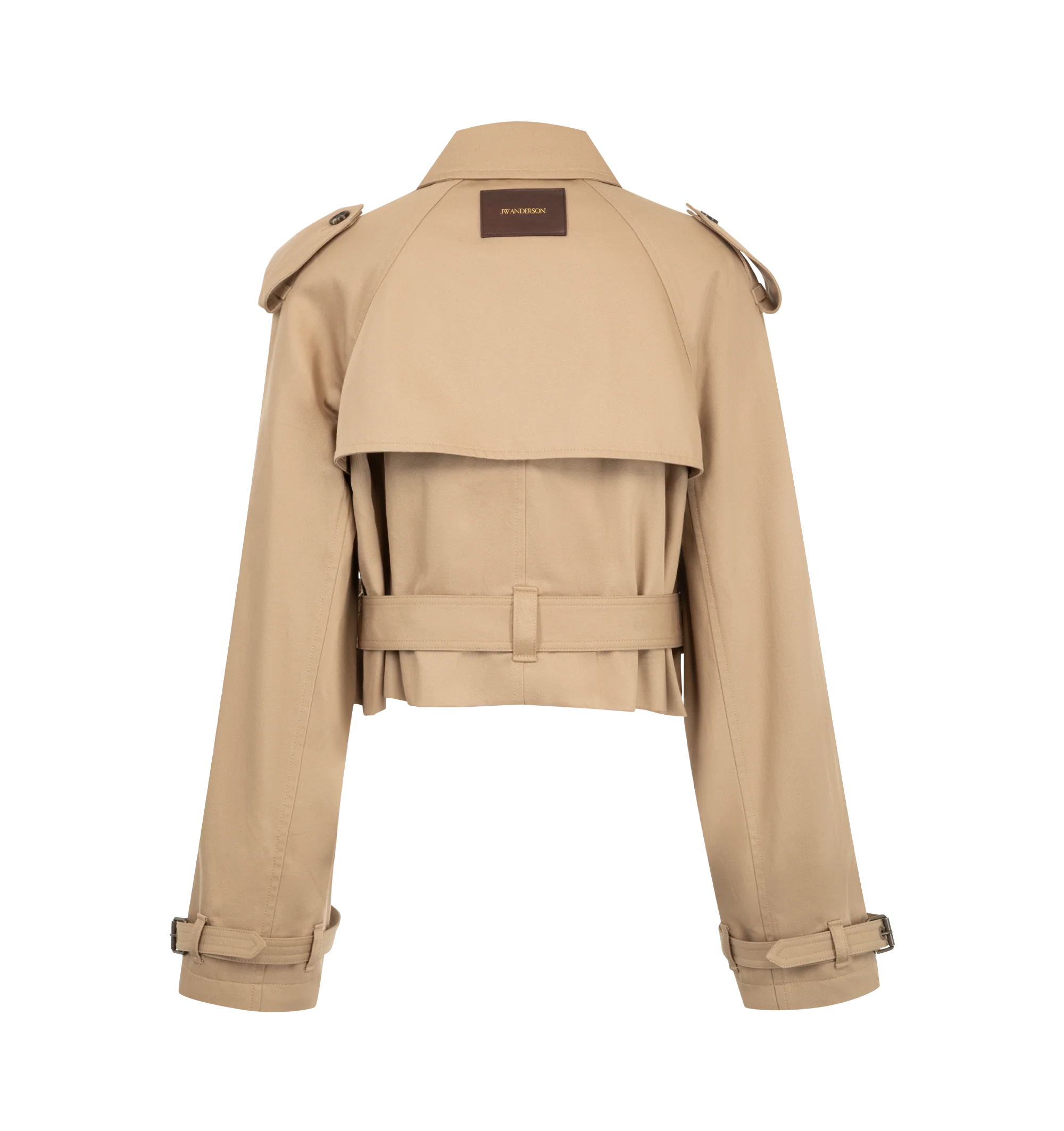 Image 2 of 3 - NEUTRAL - JW Anderson Women's Cropped Trench Coat is crafted from water-resistant cotton and features a cropped, boxy-fit silhouette that reinterprets the classic trench coat with a contemporary proportion. Designed with traditional trench details including a gun flap, throat latch, storm shield, self-fabric belt at the waist and cuffs, welt pockets, horn buttons, and a full cotton lining. Main Material: 100% Cotton. Lining: 100% Cotton. Made in Italy.