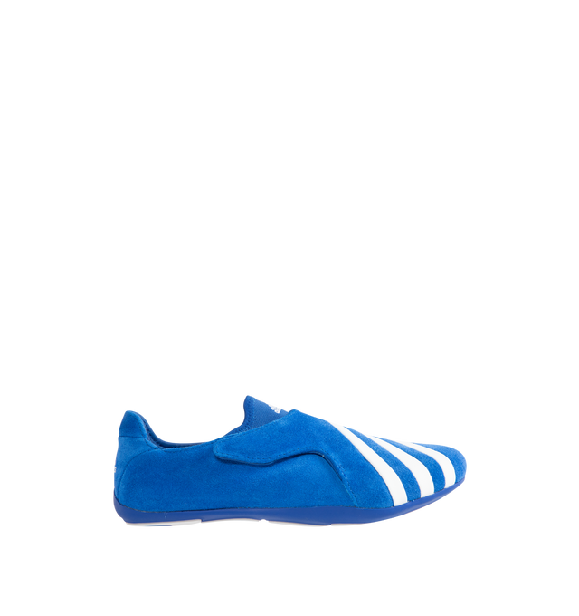 Image 1 of 5 - BLUE - Adidas Mens Pharrell Williams Vario Sneakers are crafted from suede leather. Features a low-profile silhouette, flexible foot-wrap construction, leather and textile lining, EVA foam insole, and thin rubber outsole. Upper: Suede Leather; Lining: Leather and Textile; Insole: EVA Foam; Outsole: Rubber. Made in Vietnam.