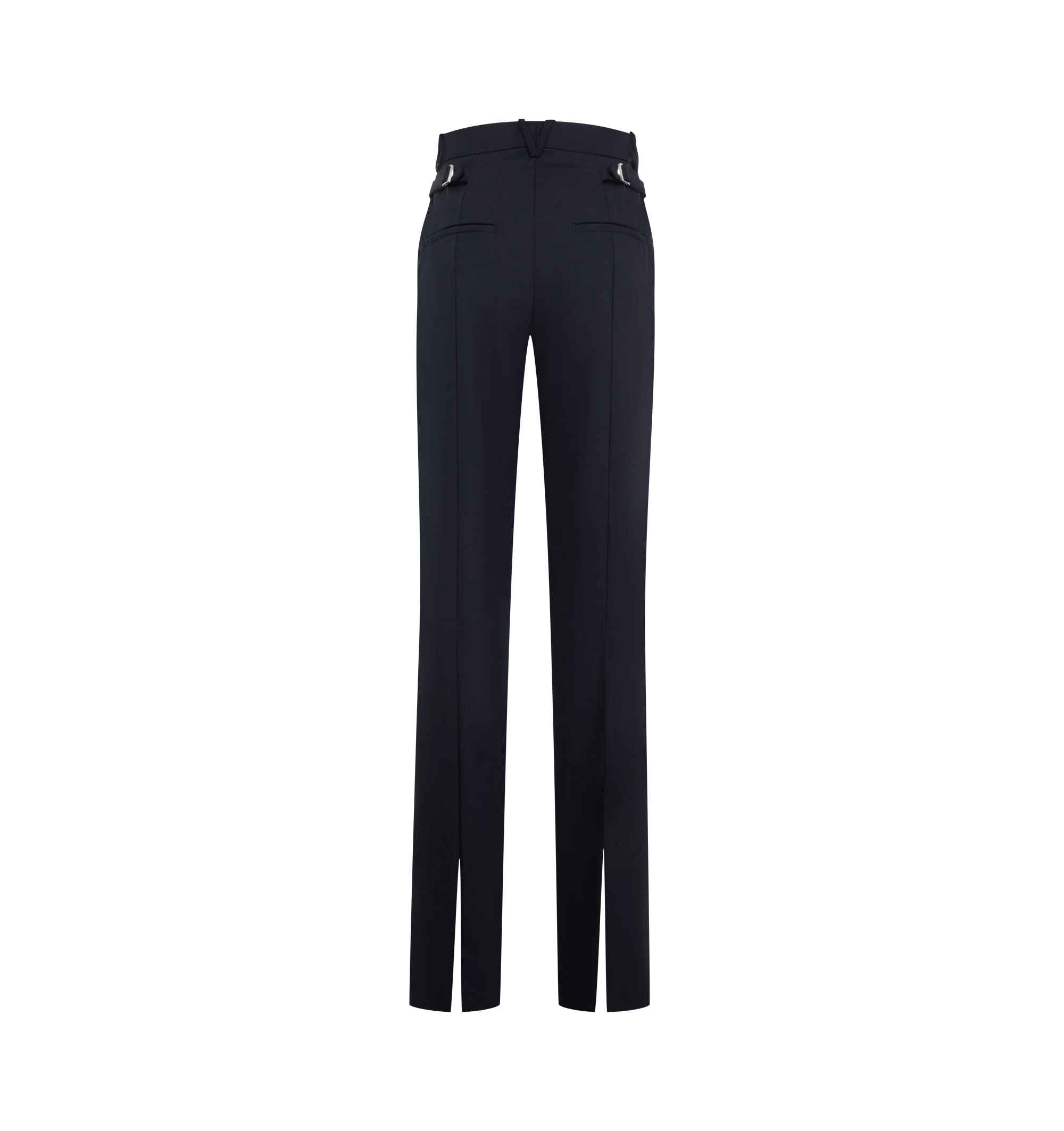 Image 2 of 3 - NAVY - Bottega Veneta Women's Trousers are crafted from Shetland wool and feature a tailored straight-leg silhouette. Designed with a mid-rise waist, belt loops, adjustable hip straps, and a zip, hook-and-eye closure, they are finished with slanted side pockets, rear welt pockets, and a center back vent. Main Material: 100% Wool. Lining: 100% Cotton. Color: Midnight Blue. Made in Italy.