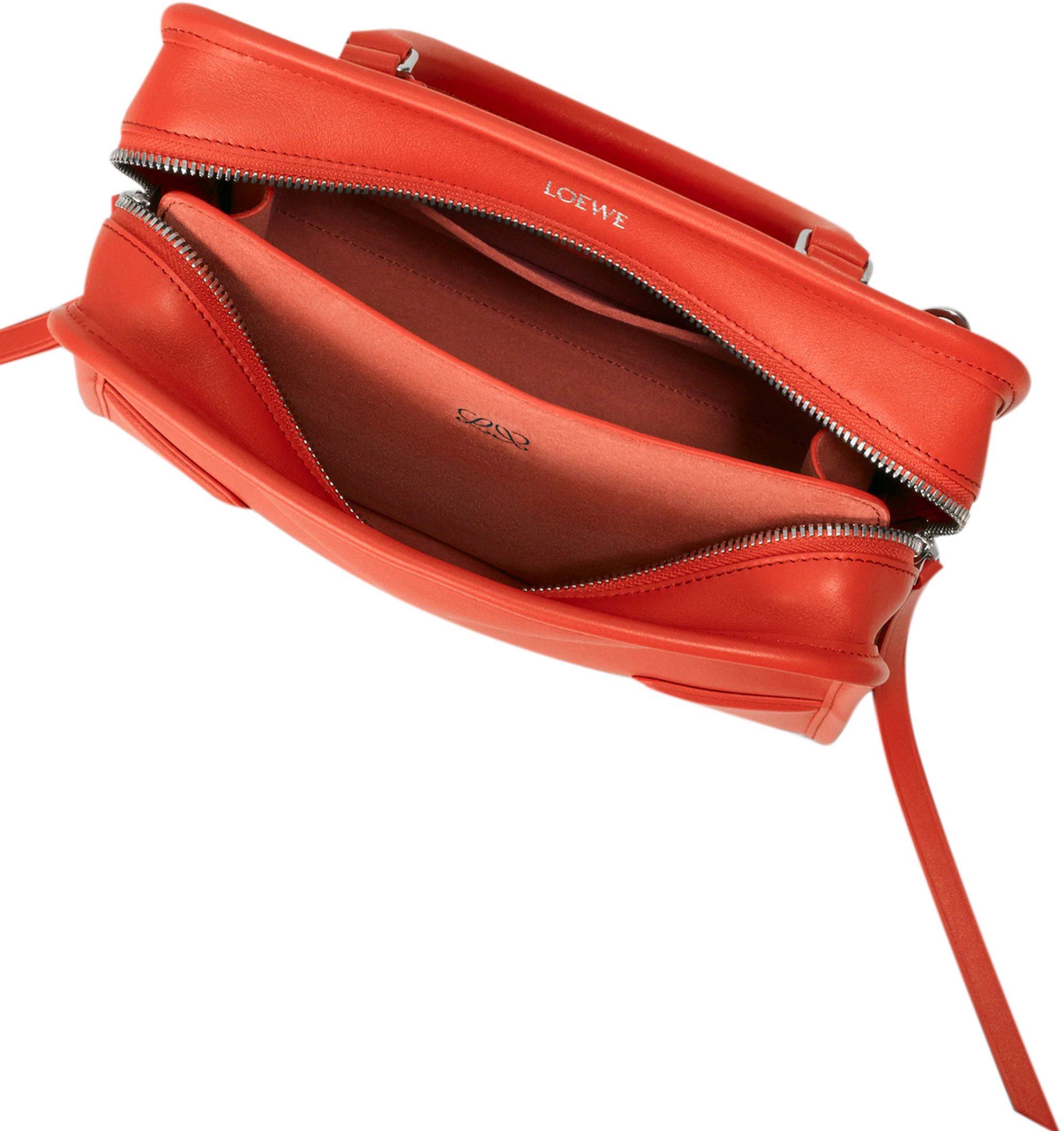 Image 13 of 17 - ORANGE - Loewe Small Amazona 180 Bag in leather features a relaxed silhouette anchored by a single toron top handle, designed to be carried open, while a concealed closure secures the main compartment, three carry options: short handle, removable shoulder strap and crossbody, zip closure with two leather zip pullers, two compartments, main compartment closed with magnetic closure, internal flat pocket, left side d-ring for customization, nappa lambskin lining, and embossed double L branding