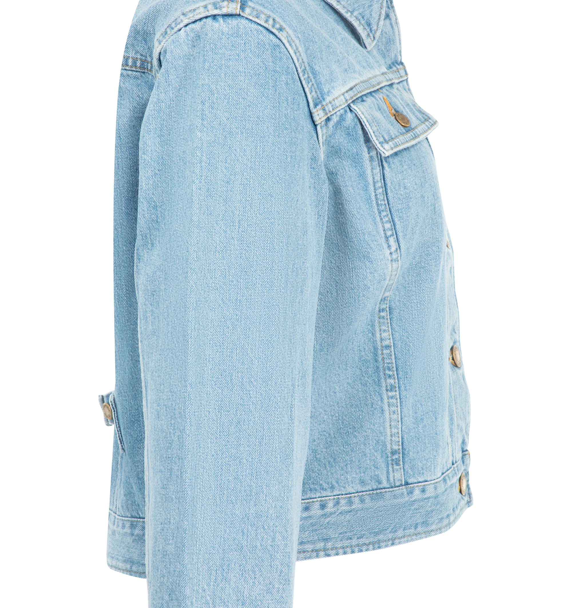 Image 3 of 3 - BLUE - Thom Browne Womens Shrunken Denim Jacket is crafted from 13.75 oz Japanese selvedge denim. Features a shrunken fit, button-front closure, buttoned flap chest pockets, striped oxford-lined back yoke, button-fastening backstrap, buttoned cuffs with internal RWB grosgrain trim, and signature striped grosgrain loop tab. Main Material: 100% Cotton. Made in Japan. 