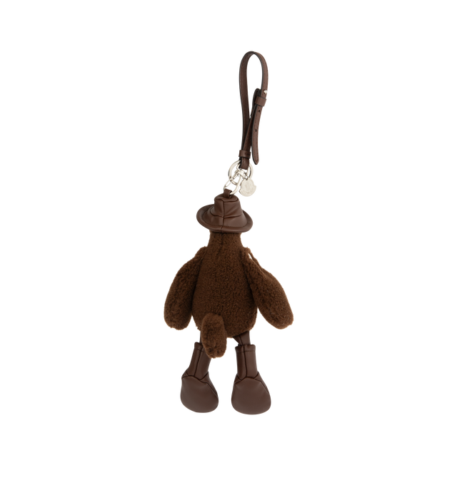 Image 2 of 4 - BROWN - MONCLER MonDuck Teddy Key Holder featuring faux leather details, carabiner with strap and metal logo. Measurements H 22 cm. 73% polyester, 27% acrylic. 100% polyester. 100% metal alloy. Made in Italy. 