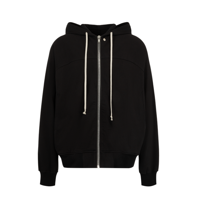 Image 1 of 3 - BLACK - Rick Owens Mens Windbreaker is crafted from heavyweight organic cotton jersey. Features a hip-length silhouette, hood with drawstring, front zip closure, raglan sleeves, front and back yoke, two side pockets with rounded topstitching, and ribbed cuffs and hem. Main Material: 100% Organic Cotton. Made in Italy.