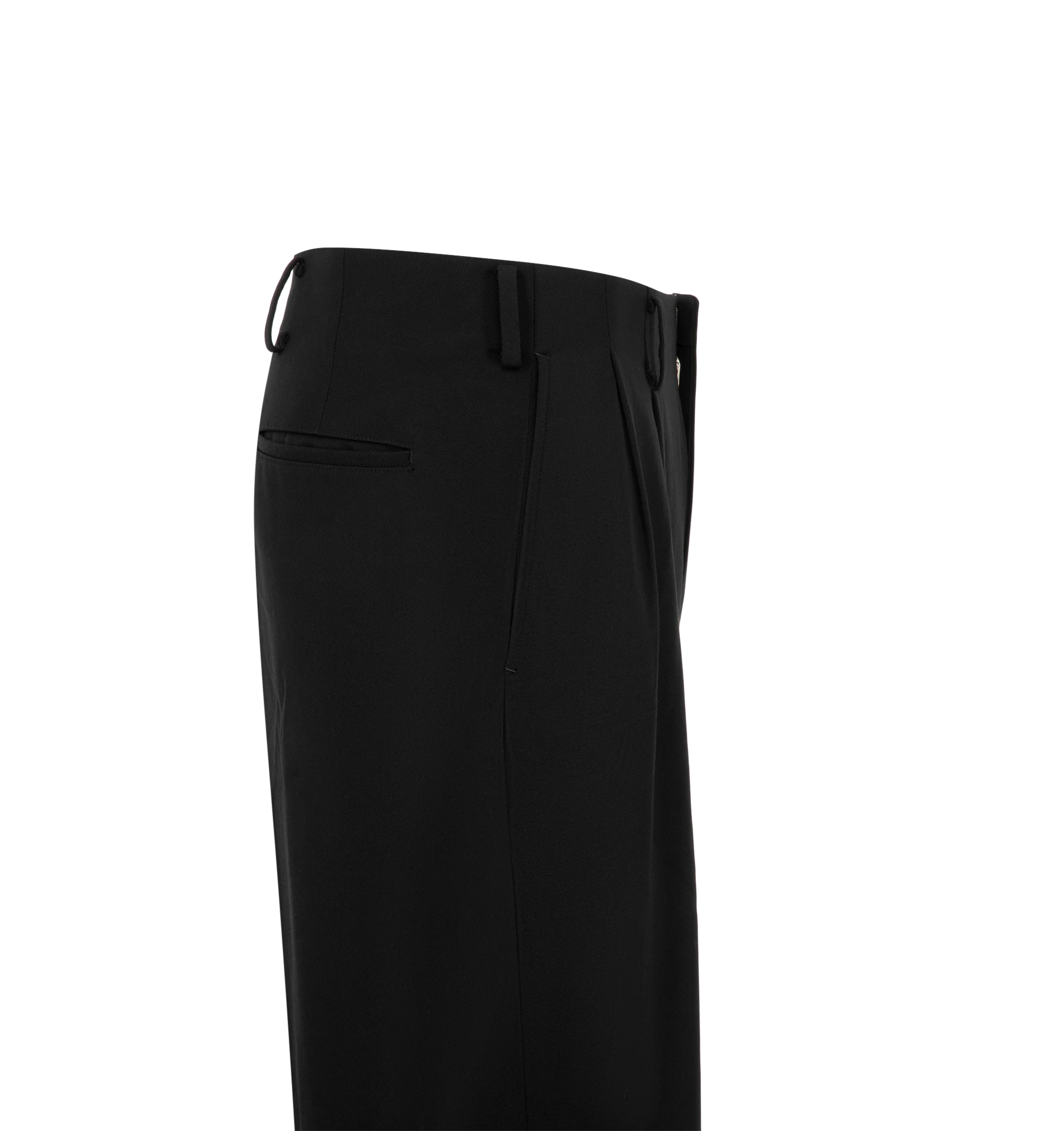 Image 3 of 3 - BLACK - A.Presse Men's Wool Wide Tapered Trousers feature a beltless two-pleat design with a wide leg and tapered silhouette for a refined, tailored look. These designer trousers combine premium wool construction with timeless styling, offering exceptional comfort and versatile wear. Main Material: 100% Wool. Made in Japan.