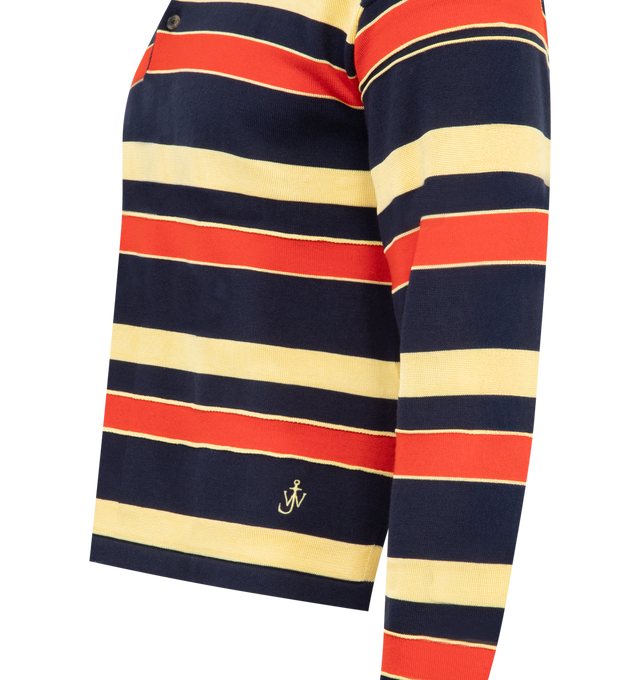 Image 3 of 3 - MULTI - JW Anderson knitted striped rugby polo top in contrast navy matte cotton and high-shine viscose, featuring anchor logo embroidery with horn buttons. 45% Cotton29% Viscose 26% Wool. Made in Italy.