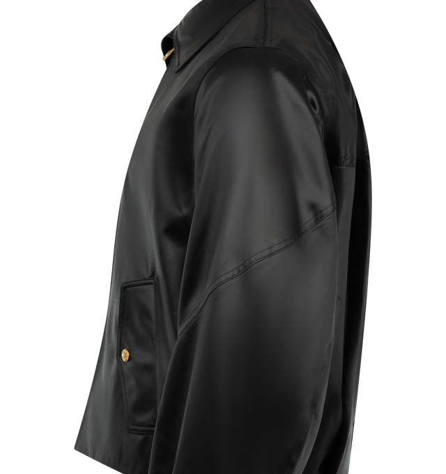 Image 3 of 3 - BLACK - WILLY CHAVARRIA Opera Bomber featuring pleated back panels, fully lined interior, branded center-front closure, signature Snake snaps, ribbed cuffs, and a snap-on throat latch. 54% cotton, 46% acetate.