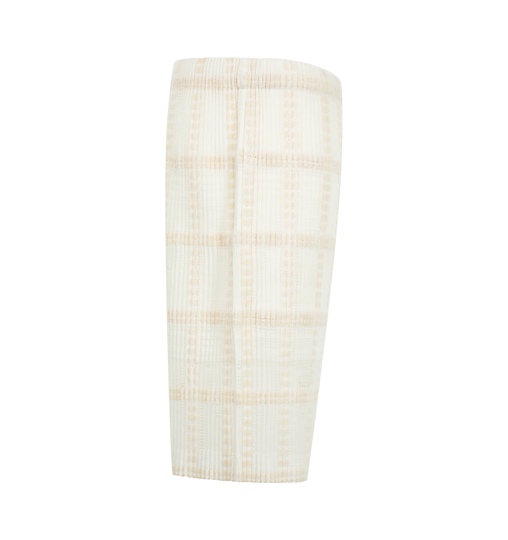 Image 3 of 3 - WHITE - Issey Miyake Men's Lace Grid Pleats Pants are crafted from a lightweight polyester and cotton blend and feature the house's signature pleated construction with a distinctive grid-inspired texture. Designed with an elasticated drawstring waistband for an adjustable fit, these designer pants are finished with a button-fly front and functional side pockets, combining innovative textile design with everyday comfort. Main Material: 75% Polyester, 25% Cotton. Waist: Elasticated with Drawstr 