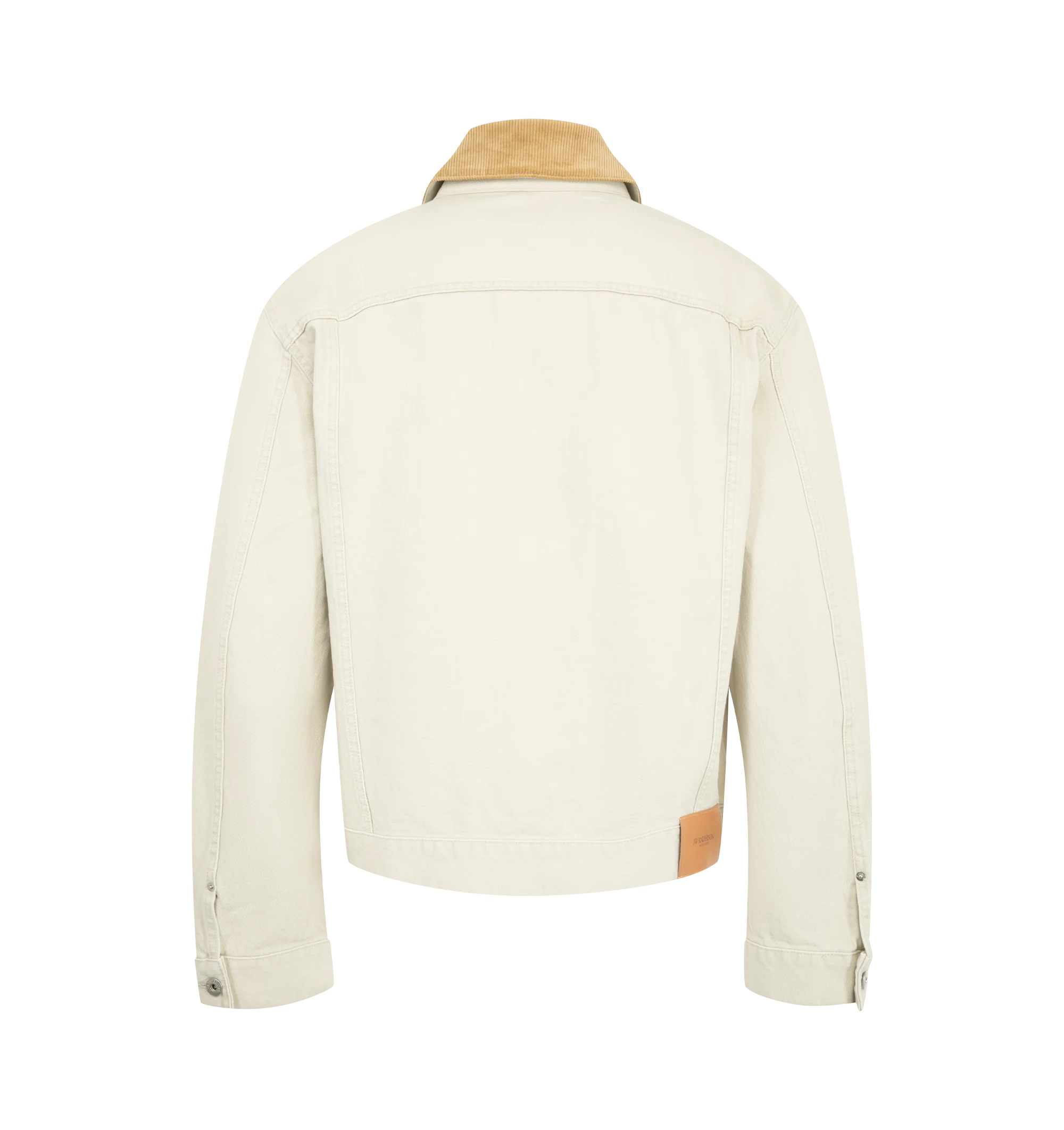 Image 2 of 3 - WHITE - JW Anderson Men's Corduroy Collar Jacket in ecru features a corduroy contrast collar, twisted patch pocket, engraved metal shank buttons, and finished with a leather logo patch. 100% Cotton. Crafted in Japan. 