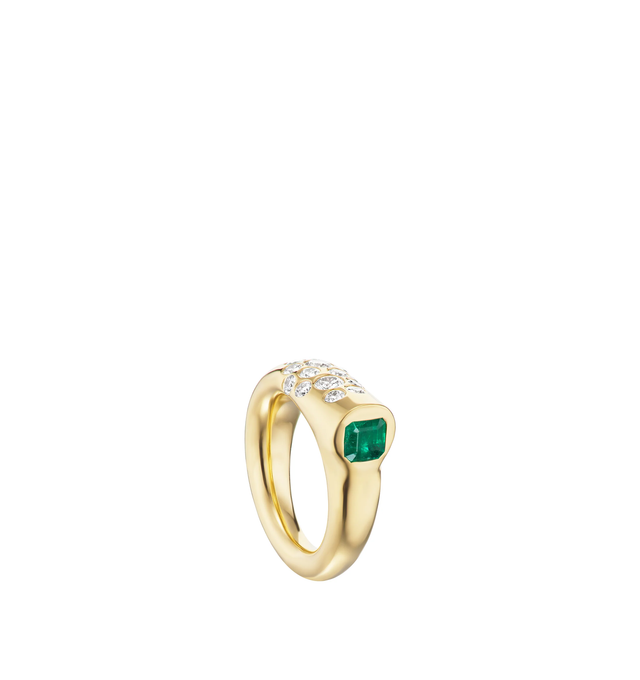 Image 1 of 1 - GOLD - Uniform Object Pinky Battery Ring is set with a 0.9CT Asscher cut emerald and a 0.56 TCW round diamond cluster in 15.5G solid 18K yellow gold. Made in USA. Cheap Luxury Handbag Shop offers a range of pieces from this collection in-store. For personal consultation and detailed information about jewelry, please contact our dedicated stylist team at personalshopping@hirshleifers.com.